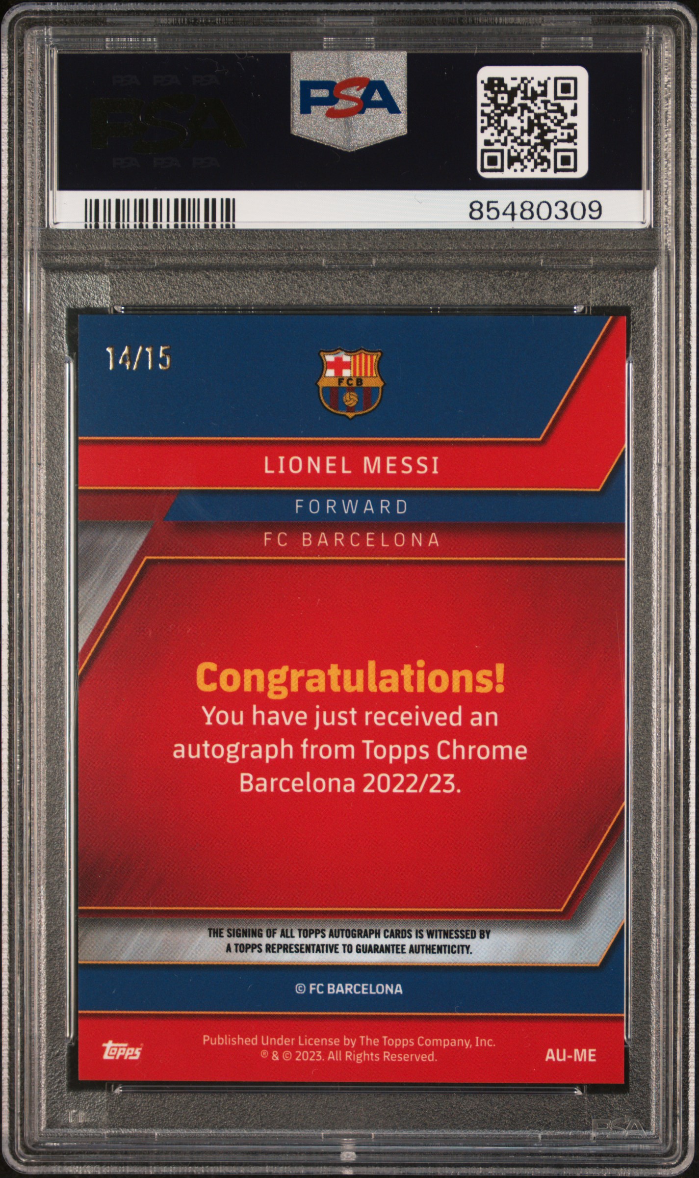 Lionel Messi 2022-23 Mes Que Auto Purple /15 back