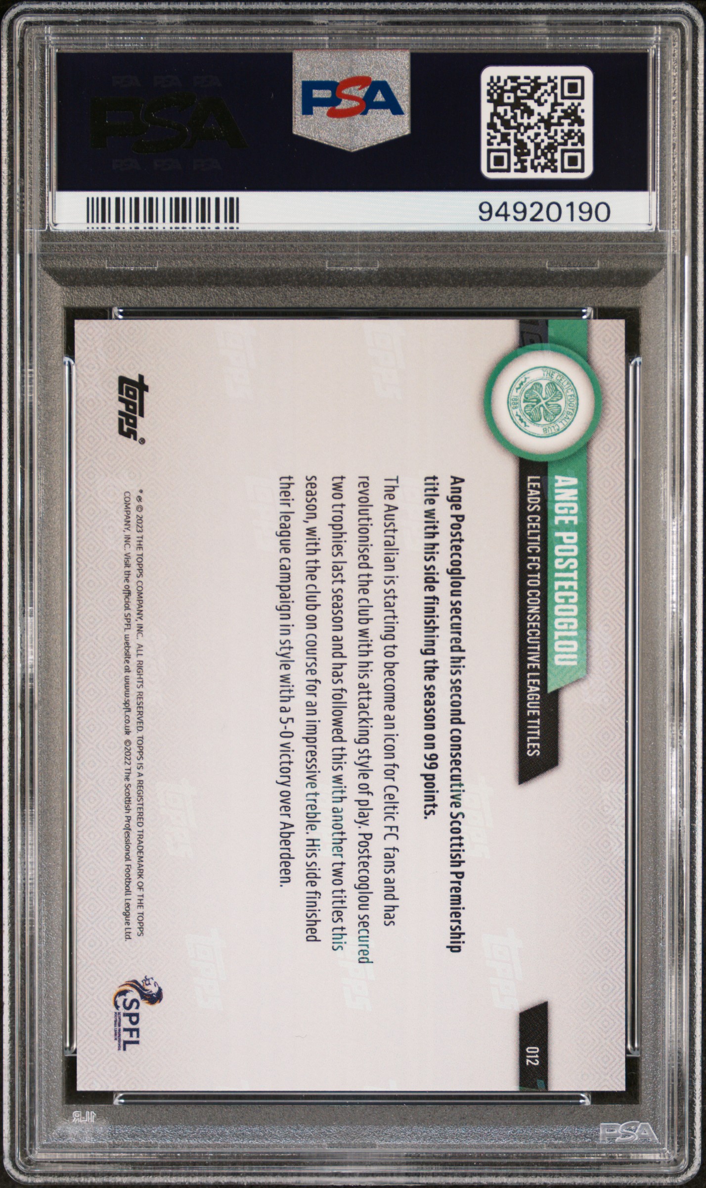 Ange Postecoglou 2022-23 Topps Now SPFL Gold 1/1 — back