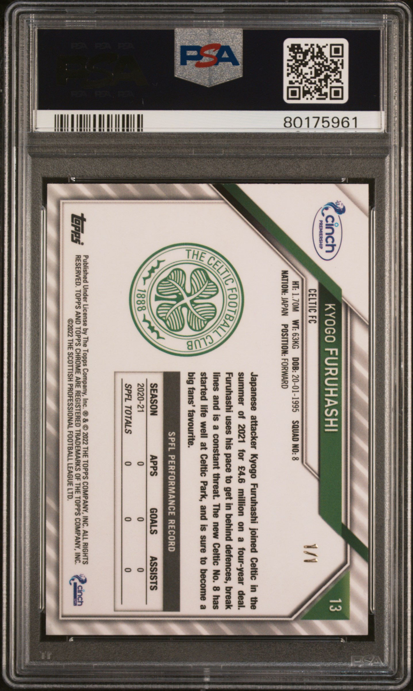 Kyogo Furuhashi 2021 SPFL Chrome Superfractor 1/1 back