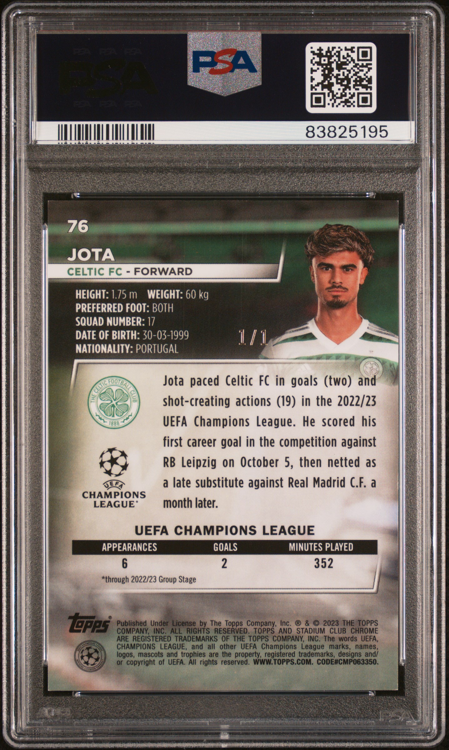 Jota 2022-23 Stadium Club Chrome Superfractor 1/1 back