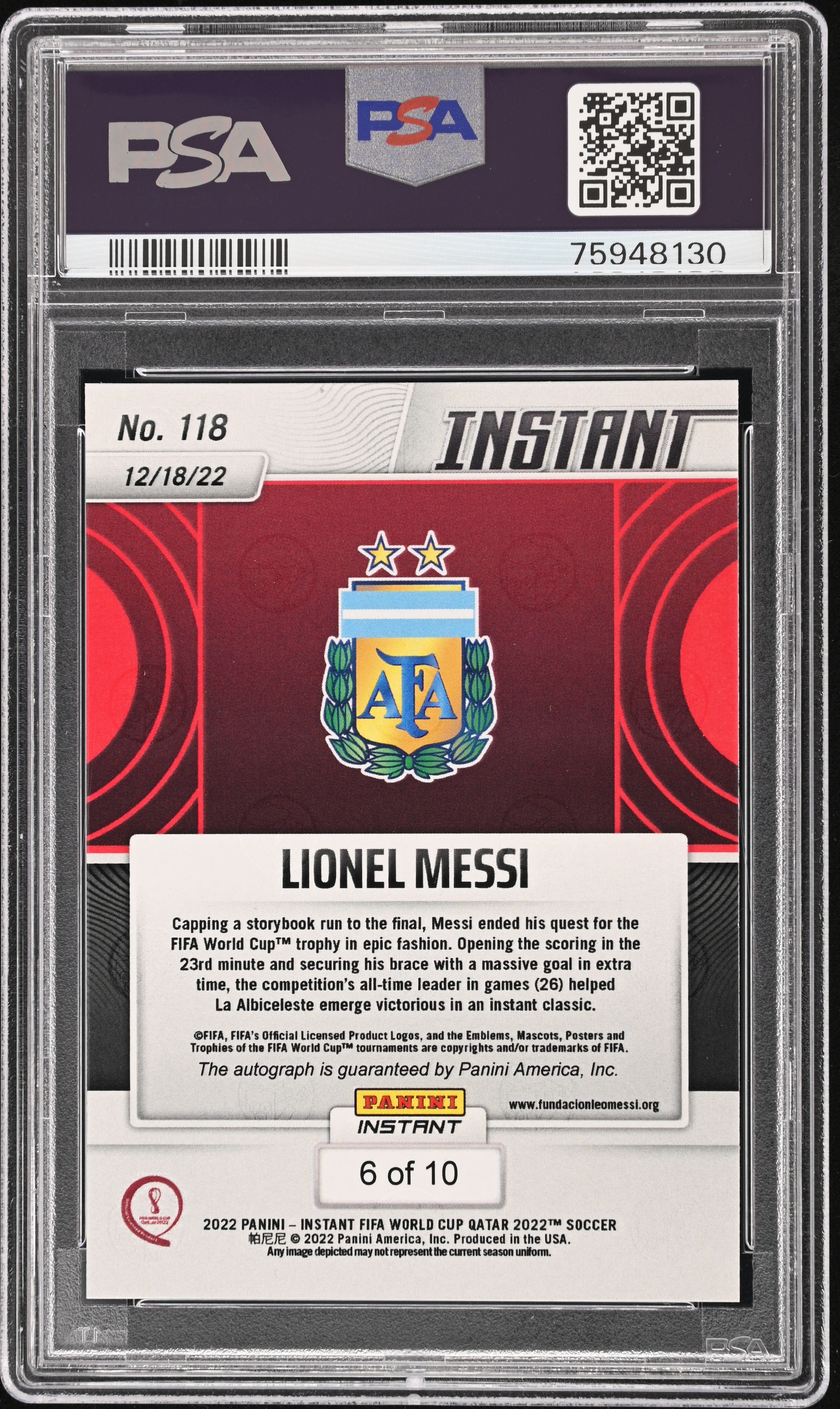 Lionel Messi 2022 Panini Instant World Cup Win /10 Auto back