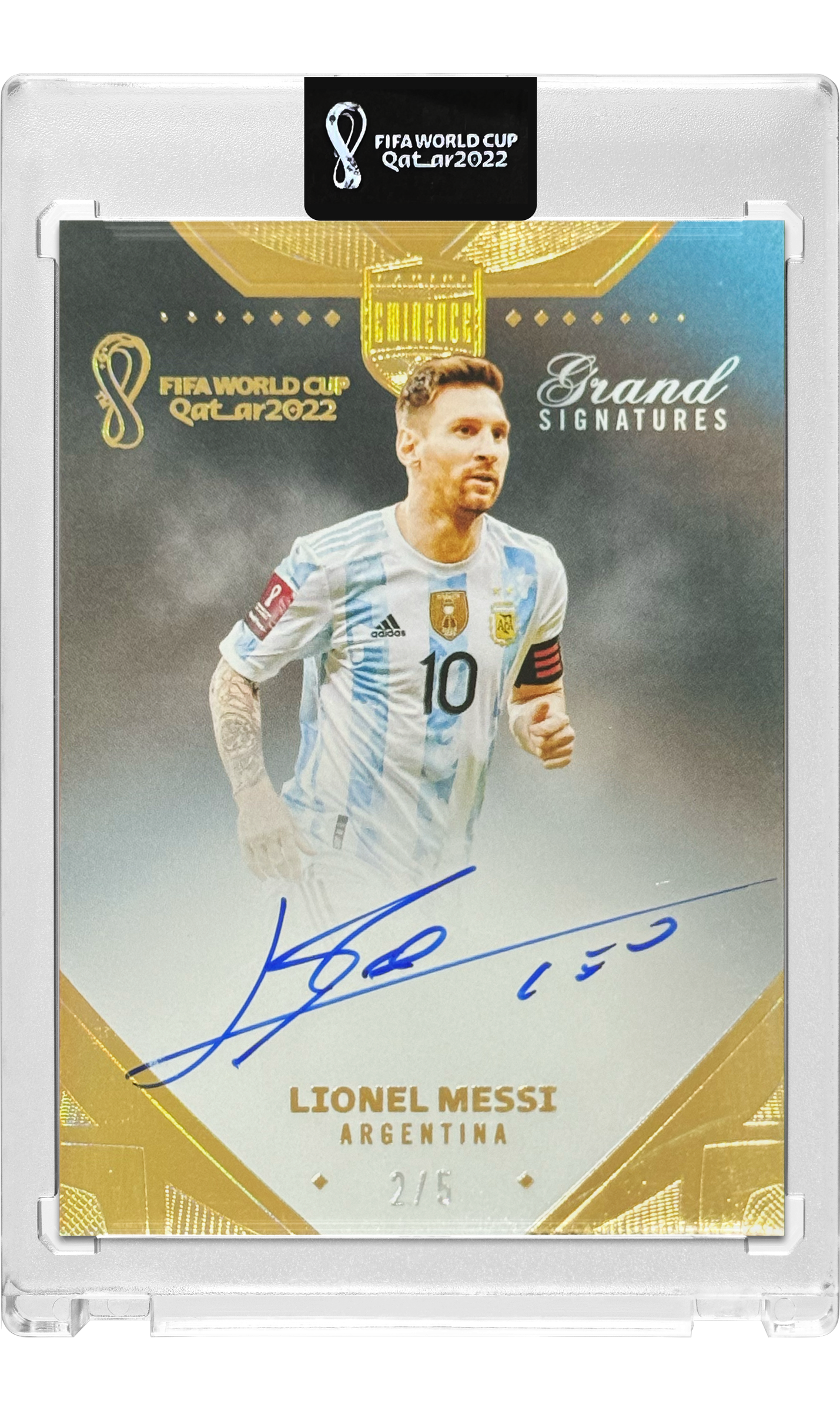 Lionel Messi 2022 World Cup Eminence Grand Signatures /5 Gold Auto