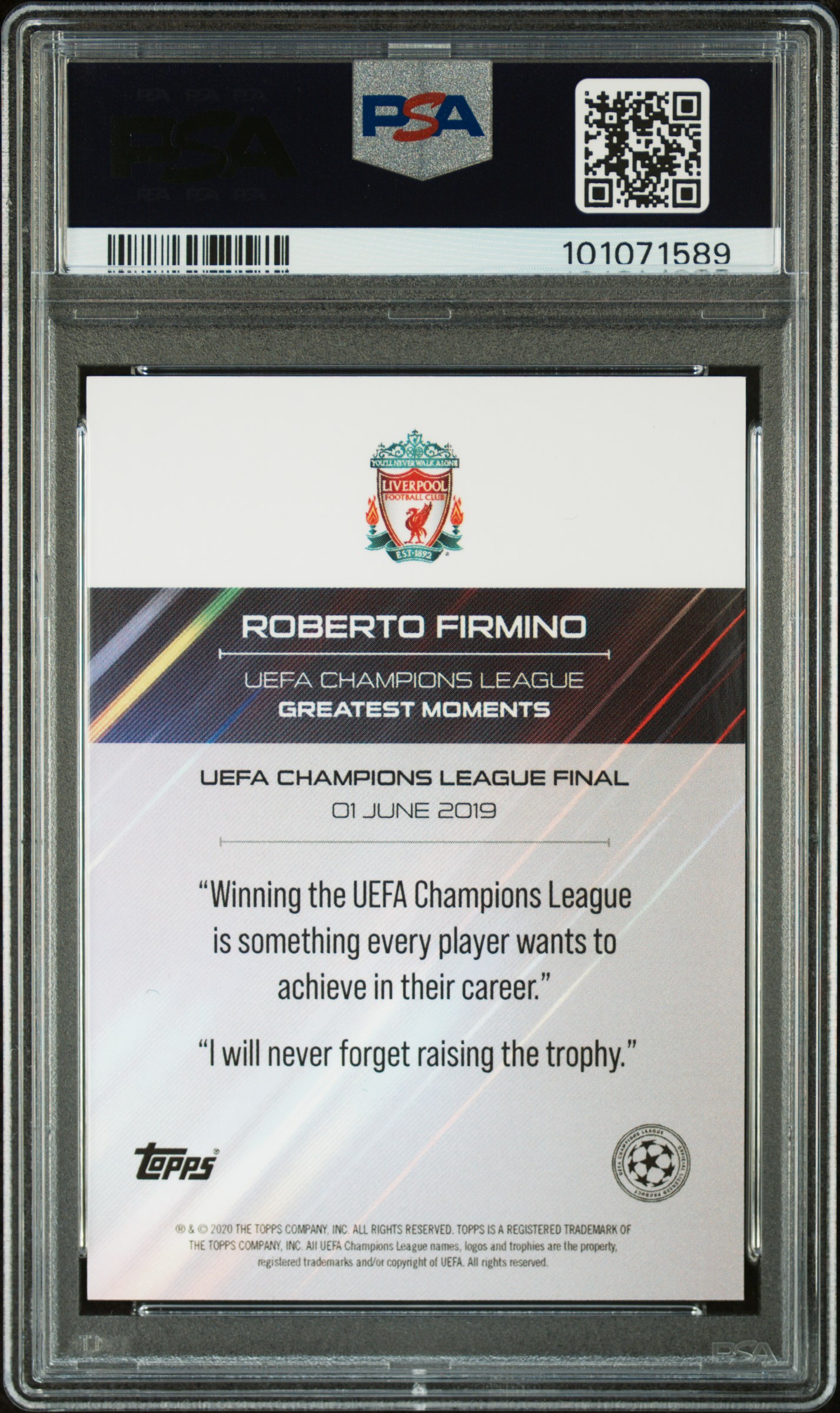 [PSA 10] 2021 Topps Roberto Firmino UCL Trophy Lift Auto back