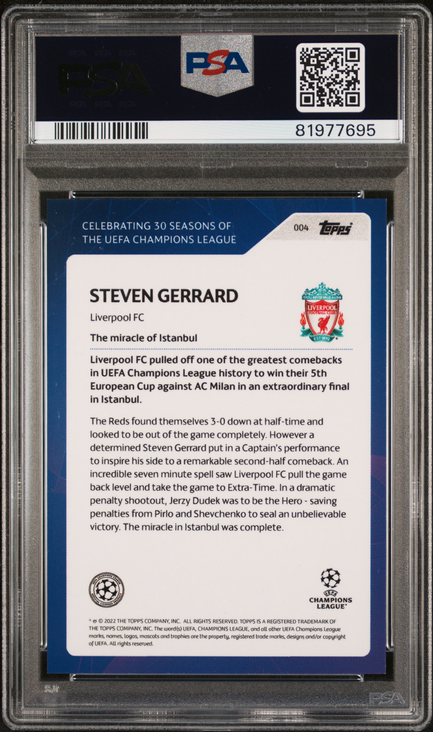 2022 Topps 30 Seasons Steven Gerrard UCL Trophy Lift Gold Auto 1/1 — back