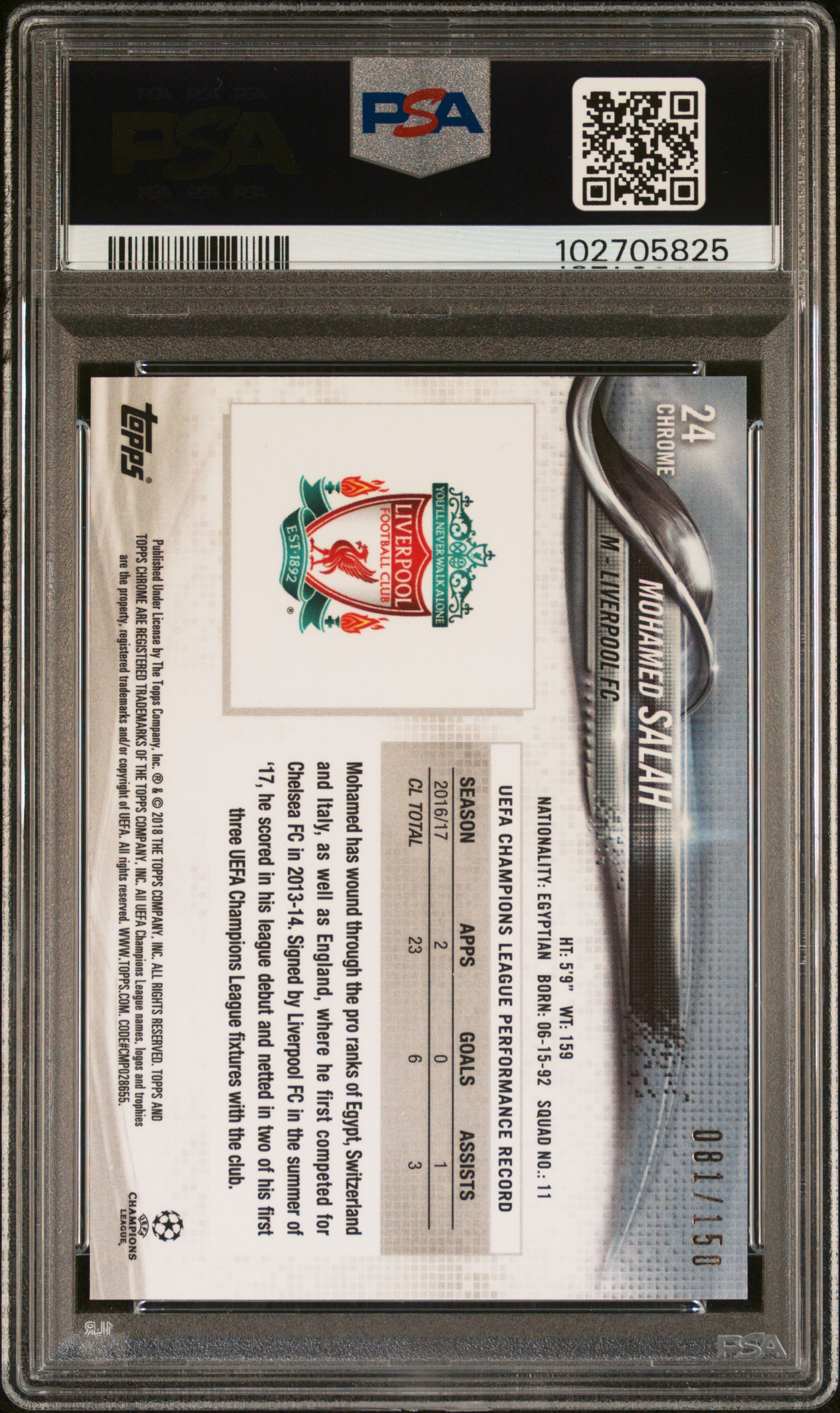 [PSA 10] 2017 Topps Chrome Mohamed Salah Blue /150 back