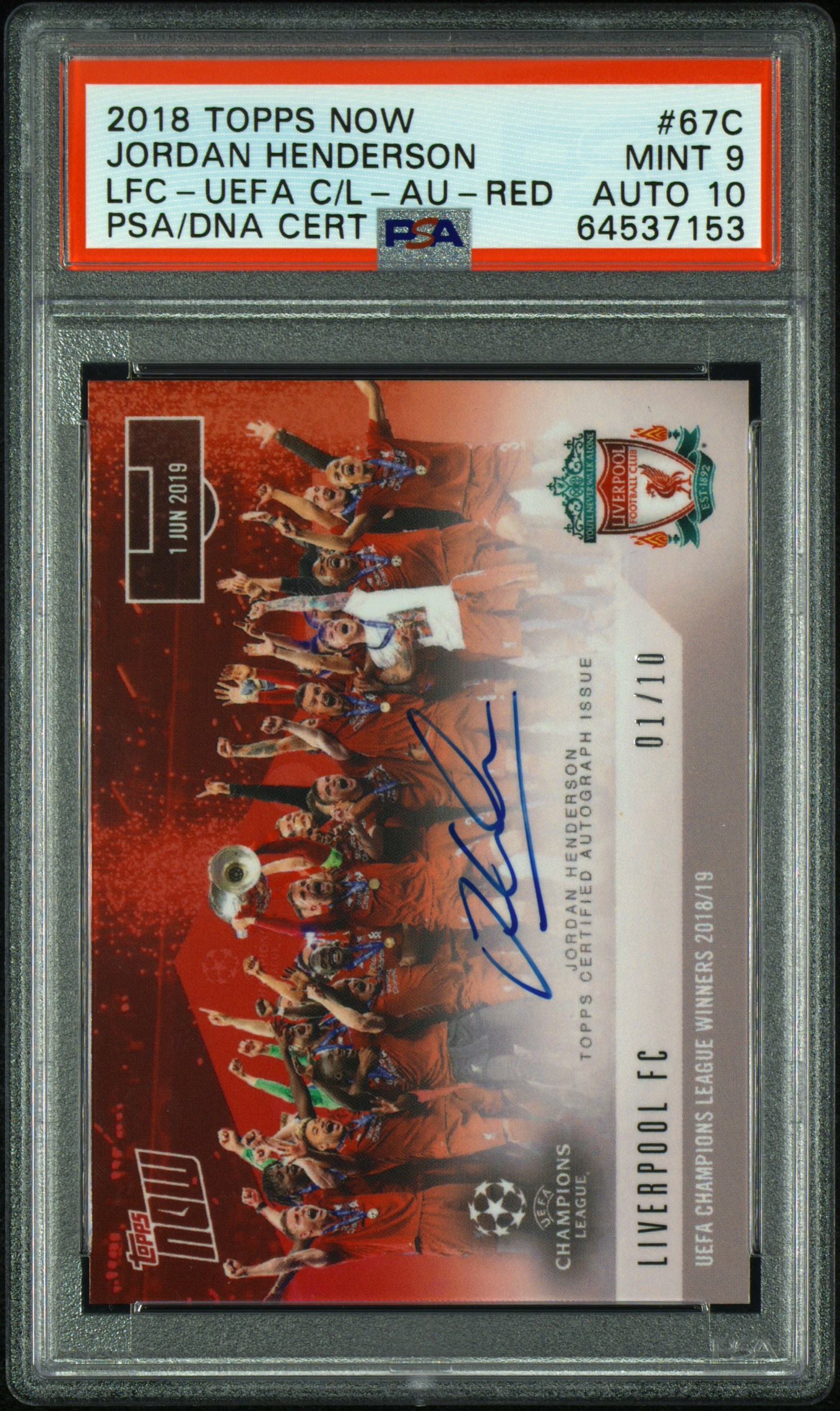 2018 Topps Now Liverpool UCL Win - Jordan Henderson Red Auto /10