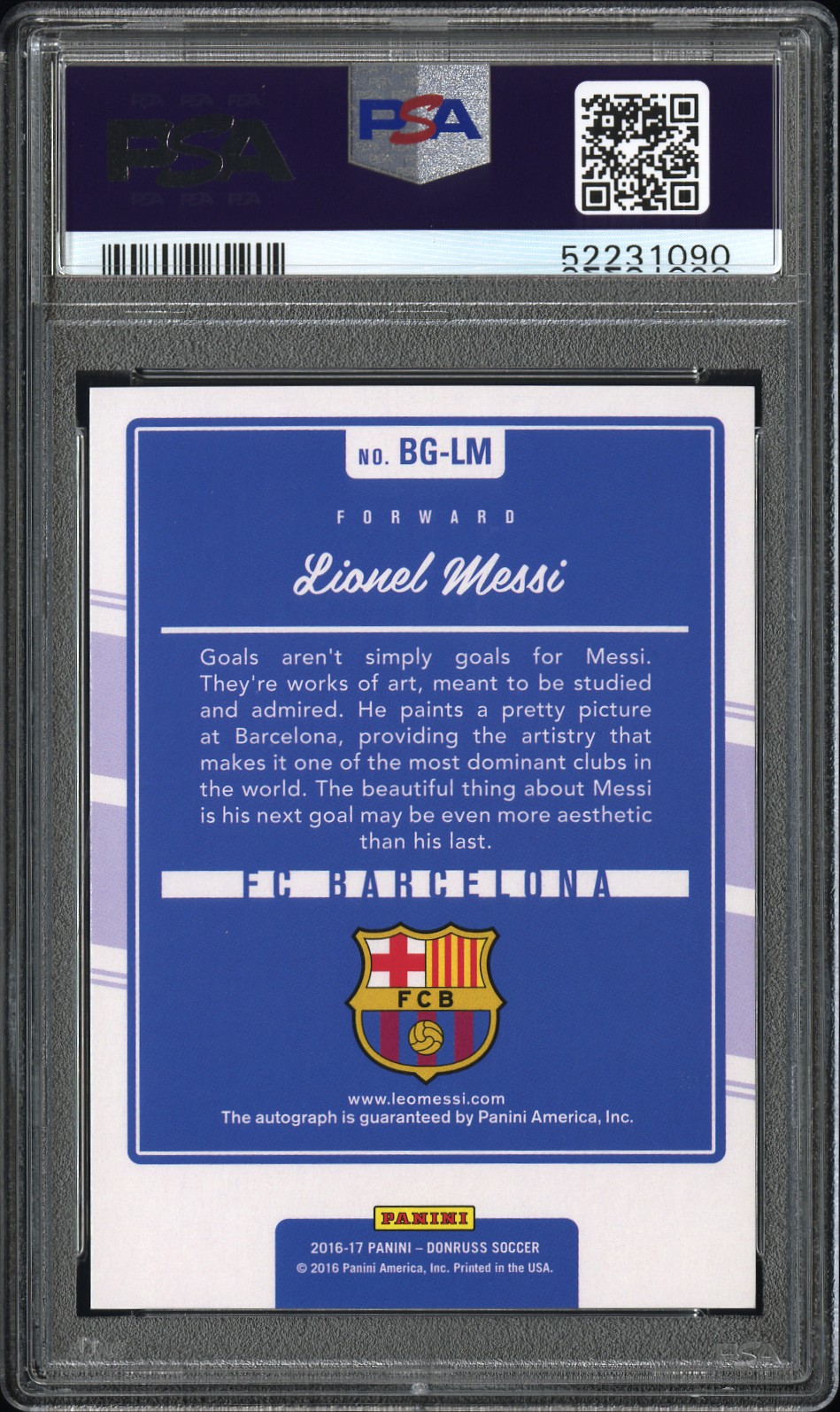[PSA 10] 2016 Panini Donruss Lionel Messi „The Beautiful Game“ Auto back