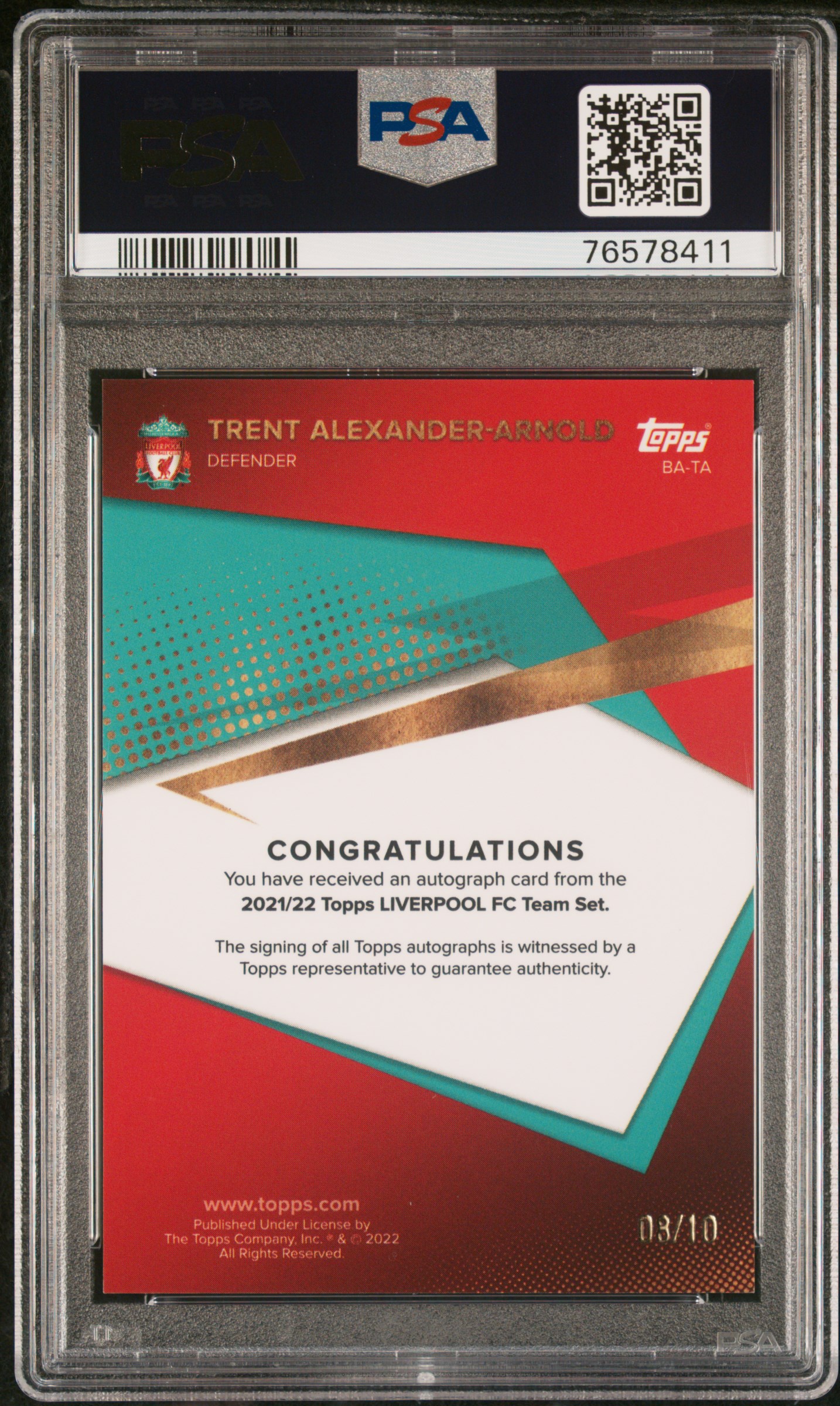 [PSA 10] 2022 Topps Liverpool Team Set Alexander-Arnold Red Auto /10 back