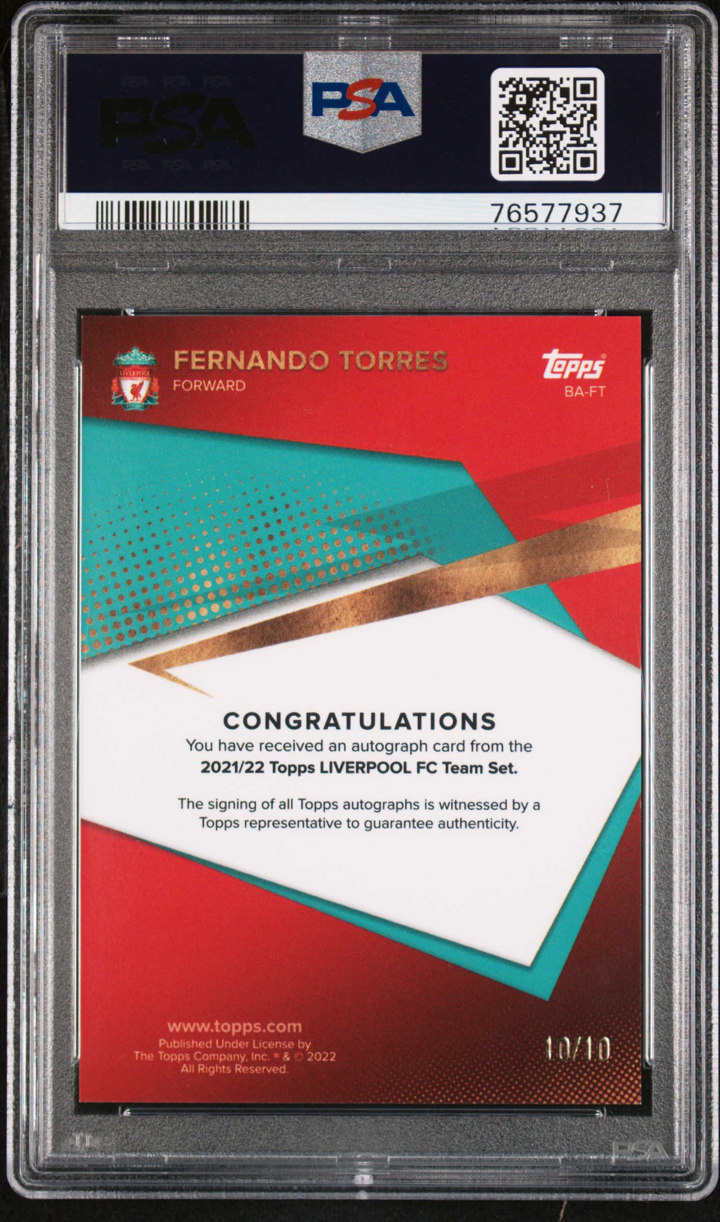 [PSA 10] 2022 Topps Liverpool Team Set Fernando Torres Red Auto /10 back
