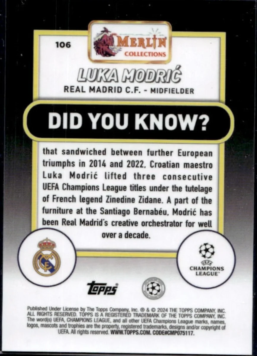 2023-24 Topps Chrome Merlin UCL Luka Modric Atomic Gold — back