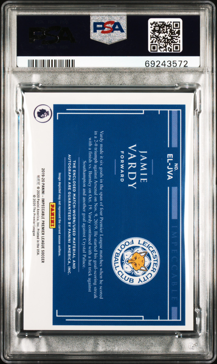 Jamie Vardy 2019 Panini Impeccable Jersey Patch Auto 1/1 PSA 8 Auto 10 back