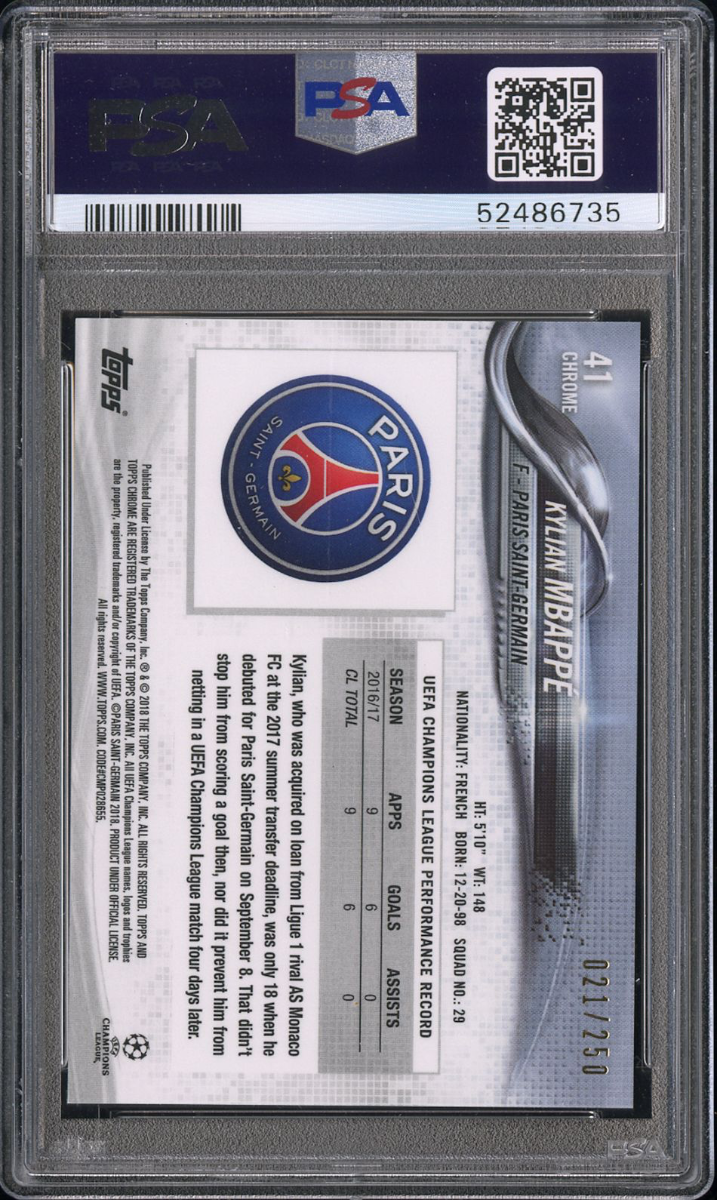 Kylian Mbappé 2017 Topps Chrome UCL Purple Refractor /299 PSA 10 Rookie back