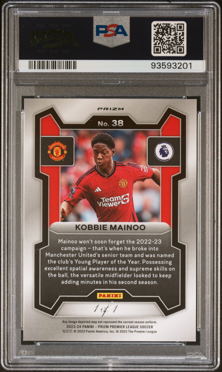 Kobbie Mainoo 2023 Panini Prizm Black Breakaway Disco Rookie 1/1 PSA 9 back