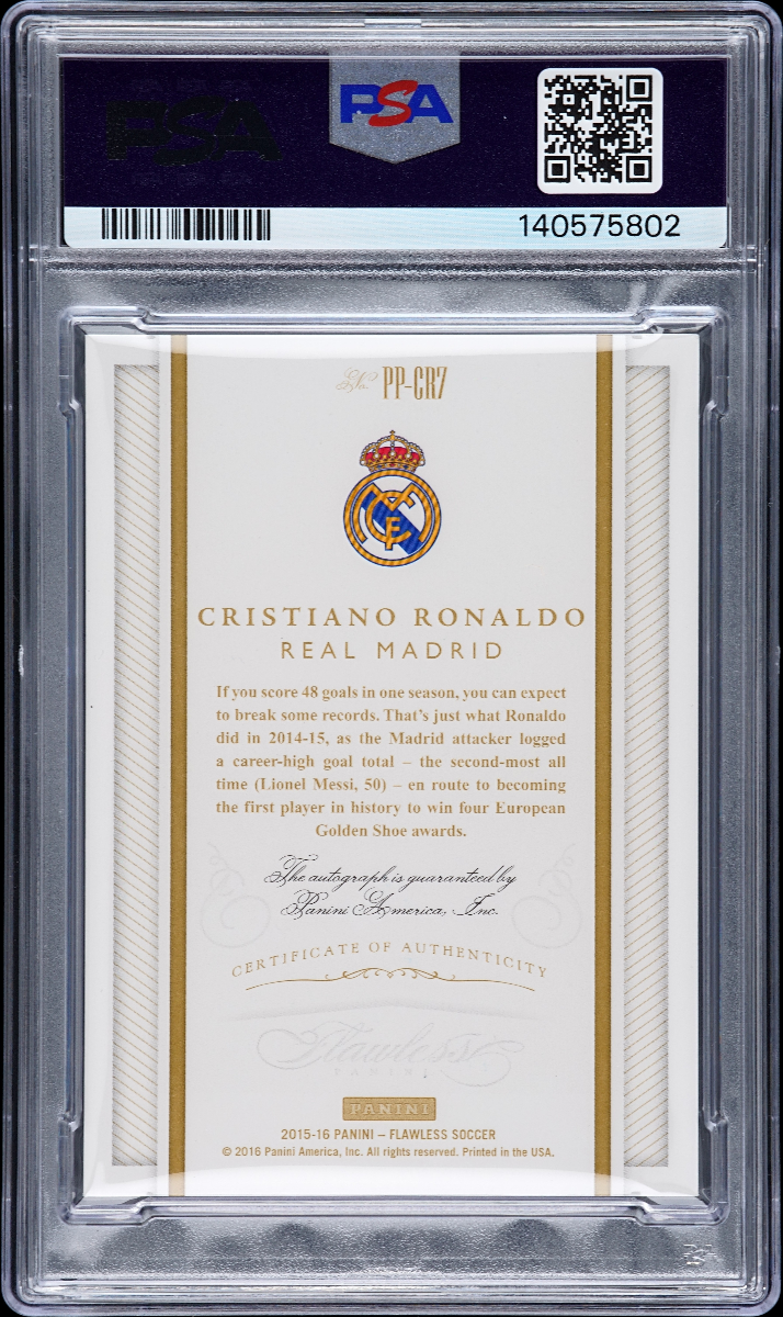 Cristiano Ronaldo 2016 Panini Flawless Pitch Perfect Signatures Gold PSA 7 Auto back