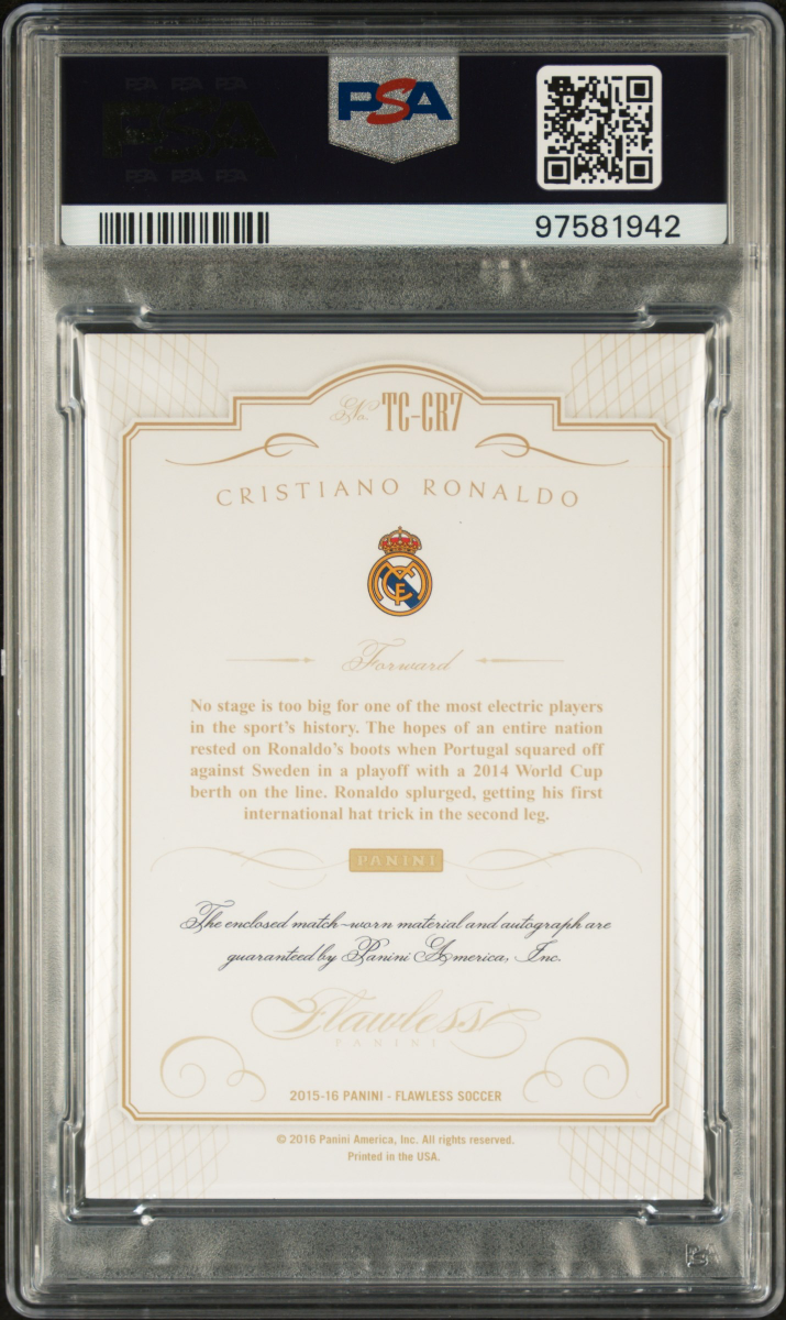 Cristiano Ronaldo 2016 Panini Flawless Top of the Class Signatures /5 PSA 8 back