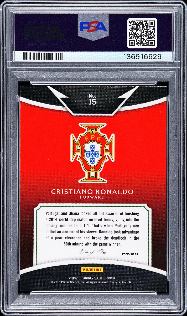 Cristiano Ronaldo 2015 Panini Select Equalizers Black 1/1 PSA 8 back