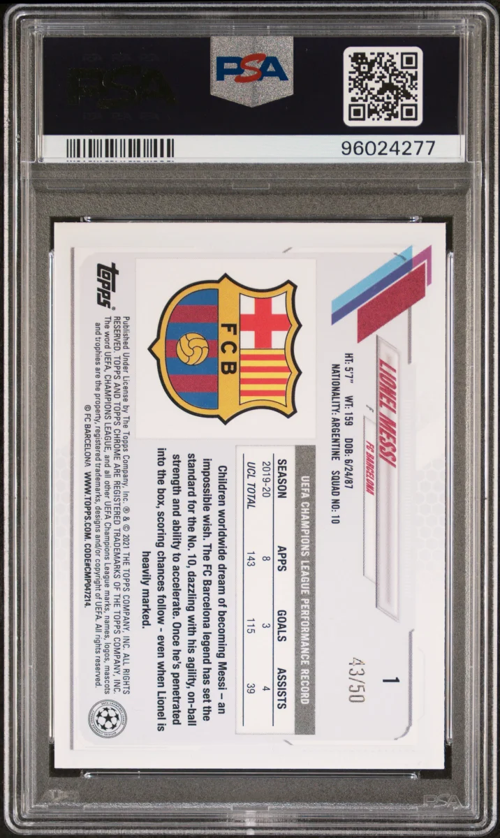 2020 Topps Chrome Sapphire Lionel Messi Orange Sapphire /50 back