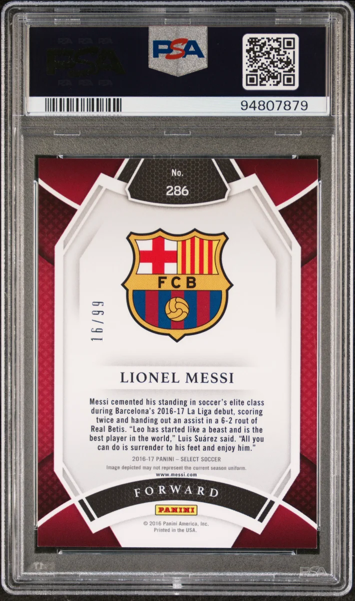2016 Panini Select Lionel Messi Field Level White Prizm /99 back