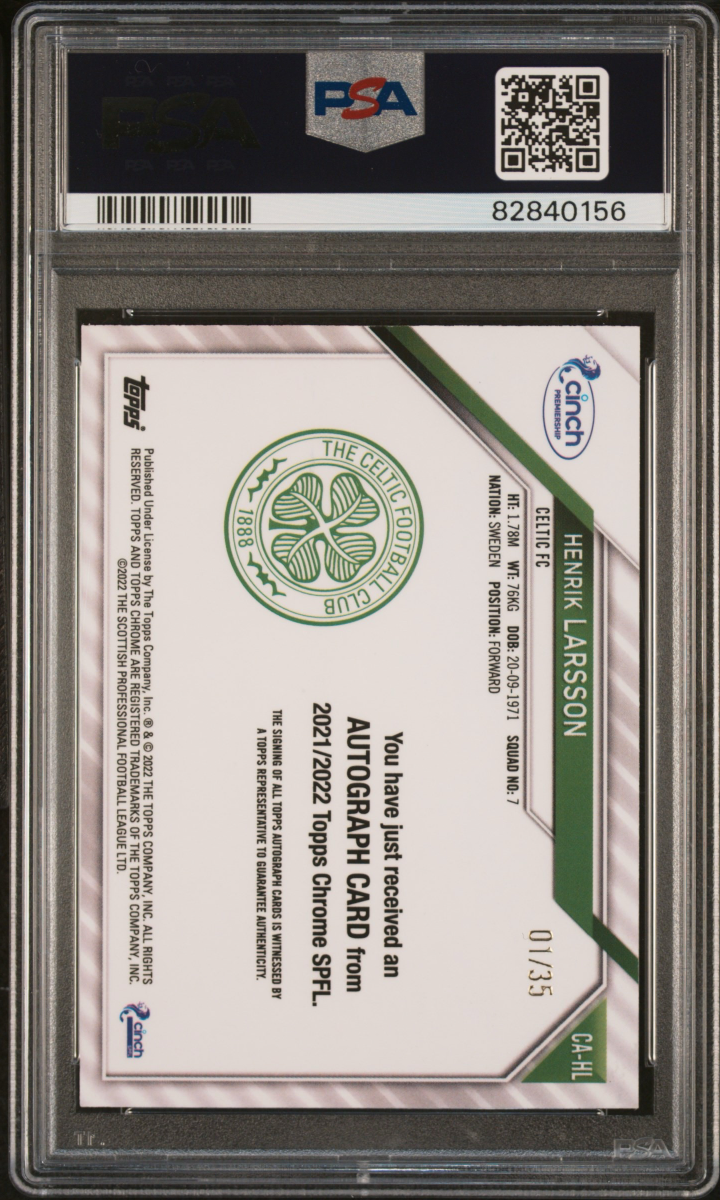 Henrik Larsson 2021 Topps Chrome SPFL Green Tartan Auto /35 PSA 9 — back