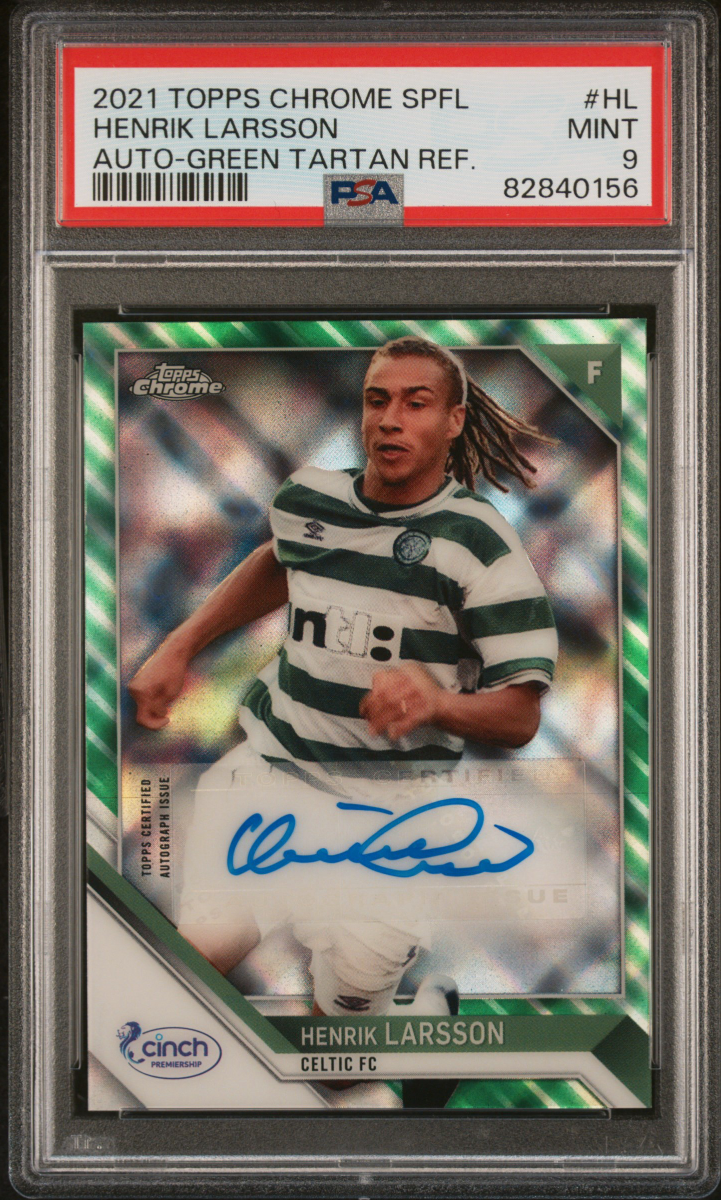 Henrik Larsson 2021 Topps Chrome SPFL Green Tartan Auto /35 PSA 9