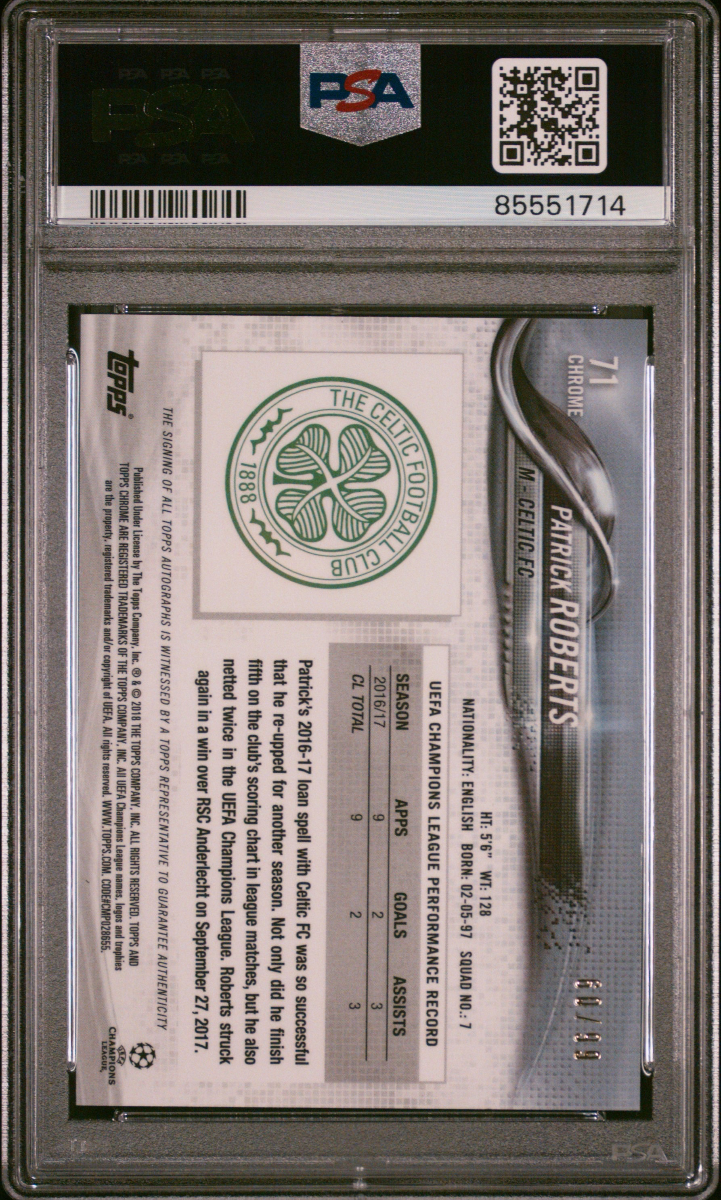 Patrick Roberts 2017 Topps Chrome UCL Auto Green /99 PSA 10 — back
