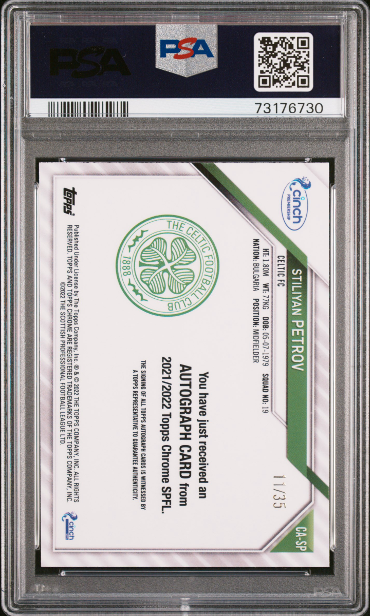 Stiliyan Petrov 2021 Topps Chrome SPFL Green Tartan Auto /35 PSA 10 — back