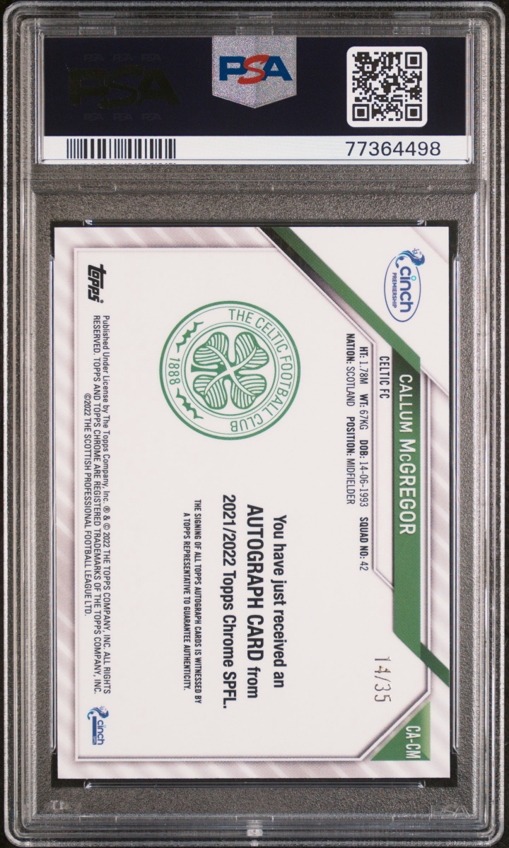 Callum McGregor 2021 Topps Chrome SPFL Green Tartan Auto /35 PSA 10 — back