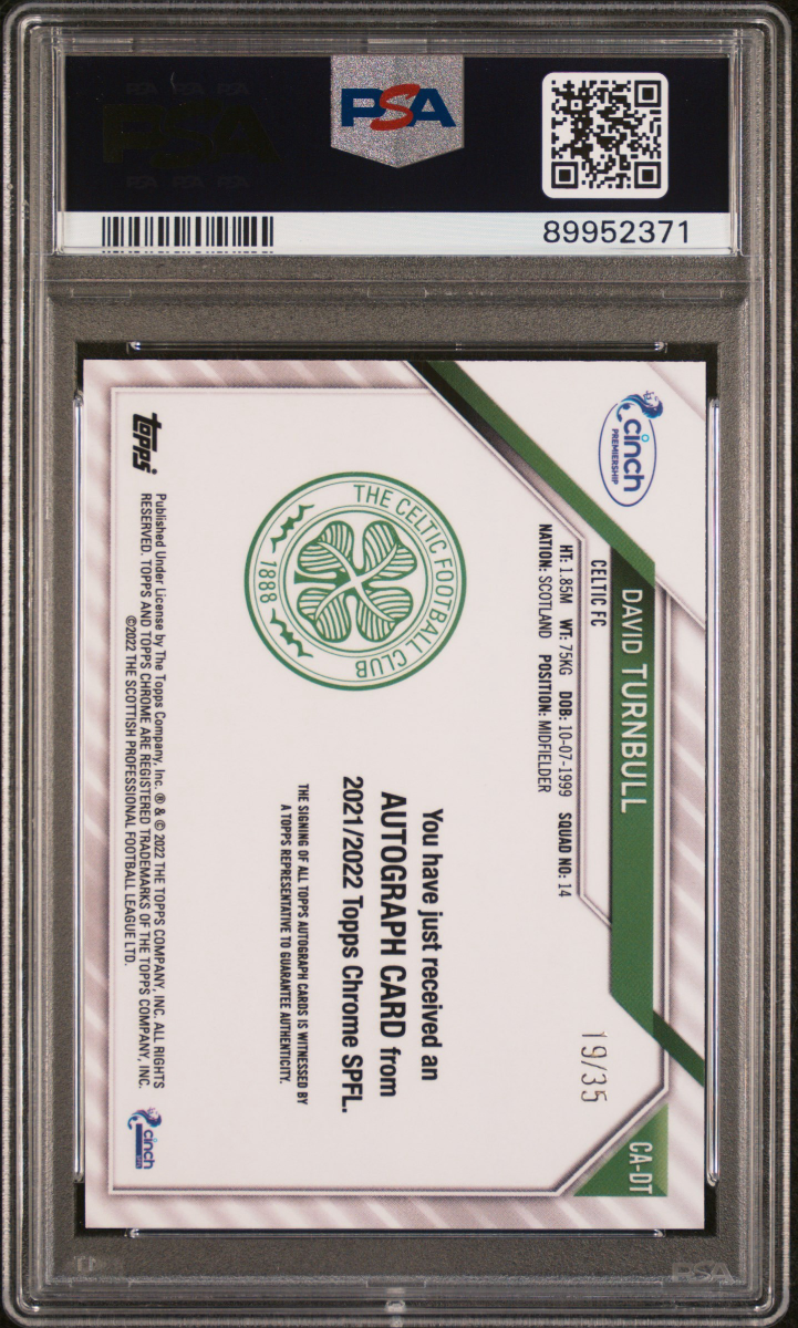 David Turnbull 2021 Topps Chrome SPFL Green Tartan Auto /35 PSA 9 — back
