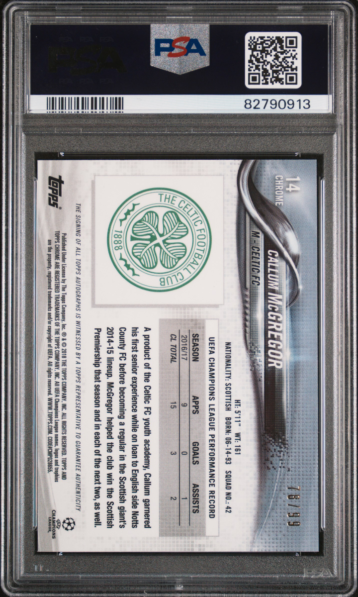 Callum McGregor 2017 Topps Chrome UCL Auto Green /99 PSA 10 — back