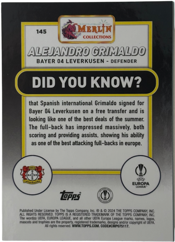 Alejandro Grimaldo Topps Merlin UEFA Club Competitions  Silver Refractor 143/199 — back