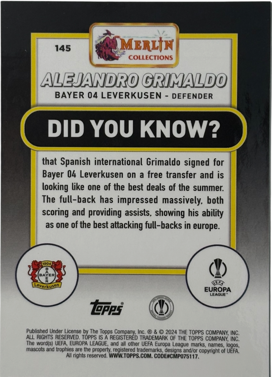 Alejandro Grimaldo Topps Merlin UEFA Club Competitions Green Refractor 66/99 — back
