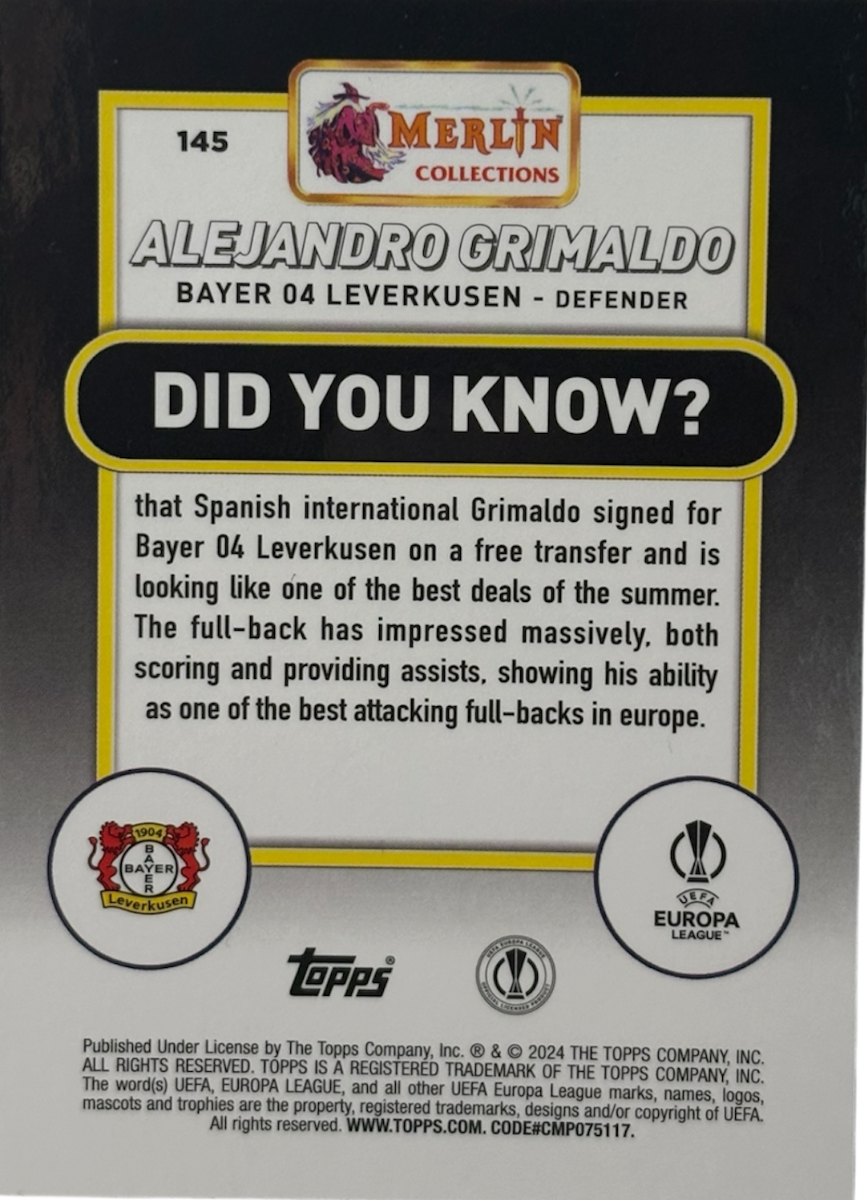 Alejandro Grimaldo Topps Merlin UEFA Club Competitions Orange Refractor 06/25  — back