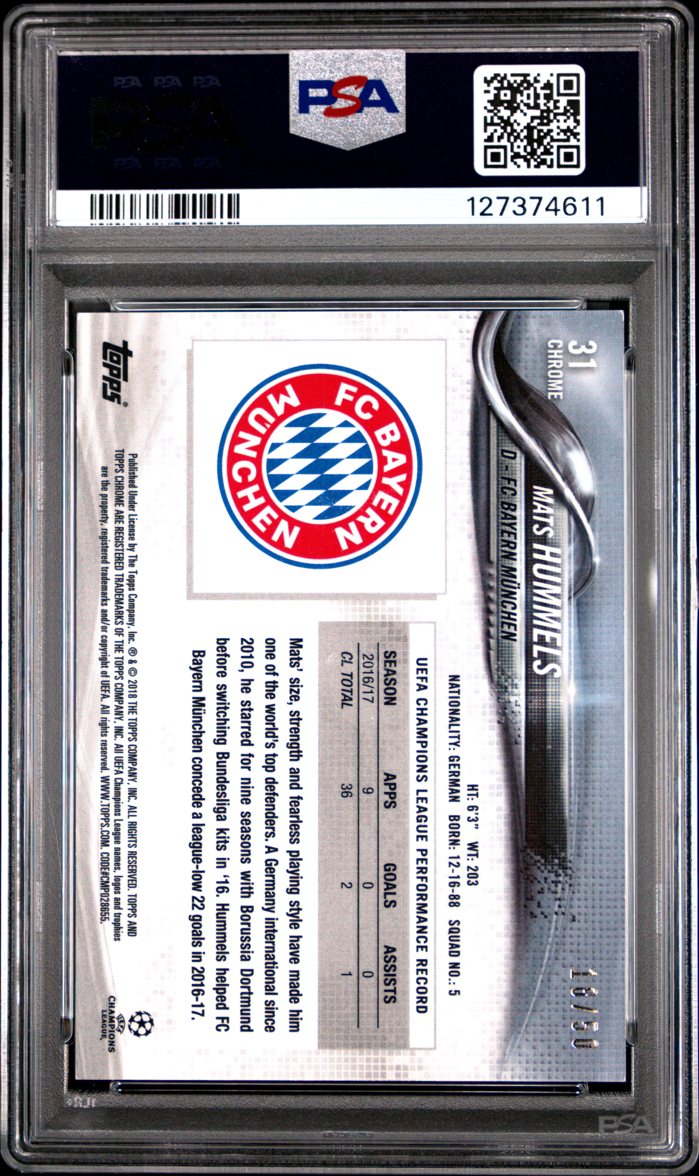 2017 TOPPS CHROME UEFA CHAMPIONS LEAGUE | GOLD REFRACTOR [#18/50] MATS HUMMELS 31 back