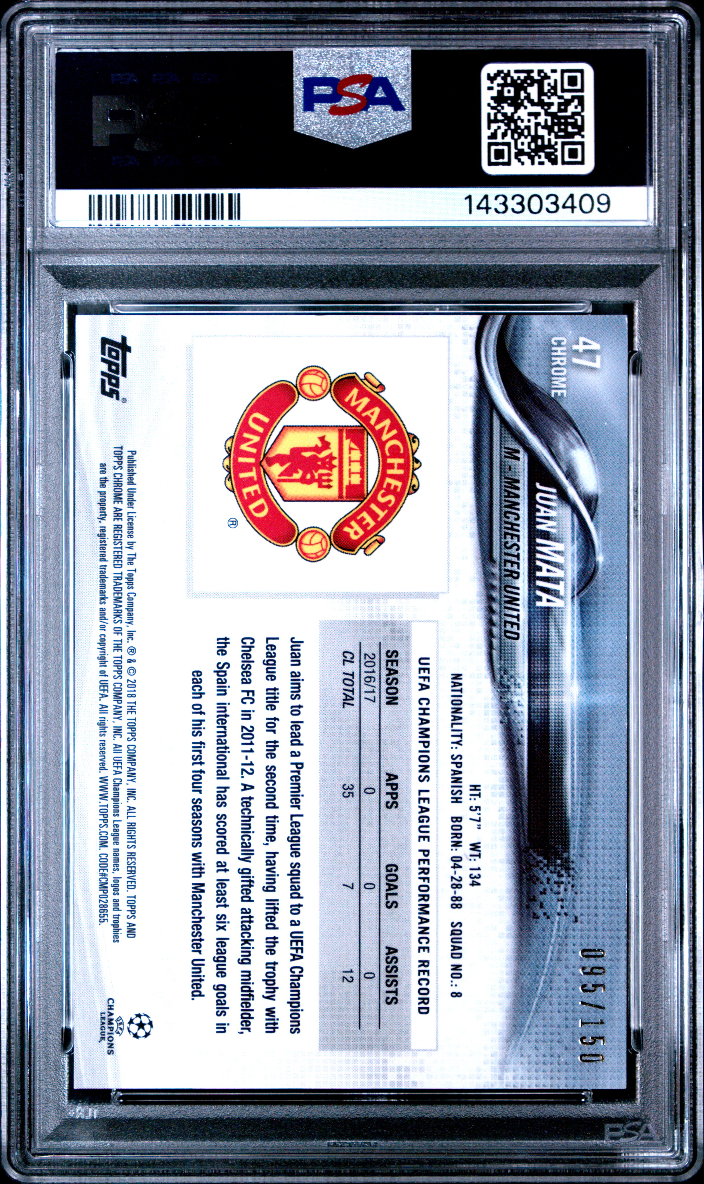 2017 TOPPS CHROME UEFA CHAMPIONS LEAGUE | BLUE REFRACTOR [#95/150] JUAN MATA 47 back