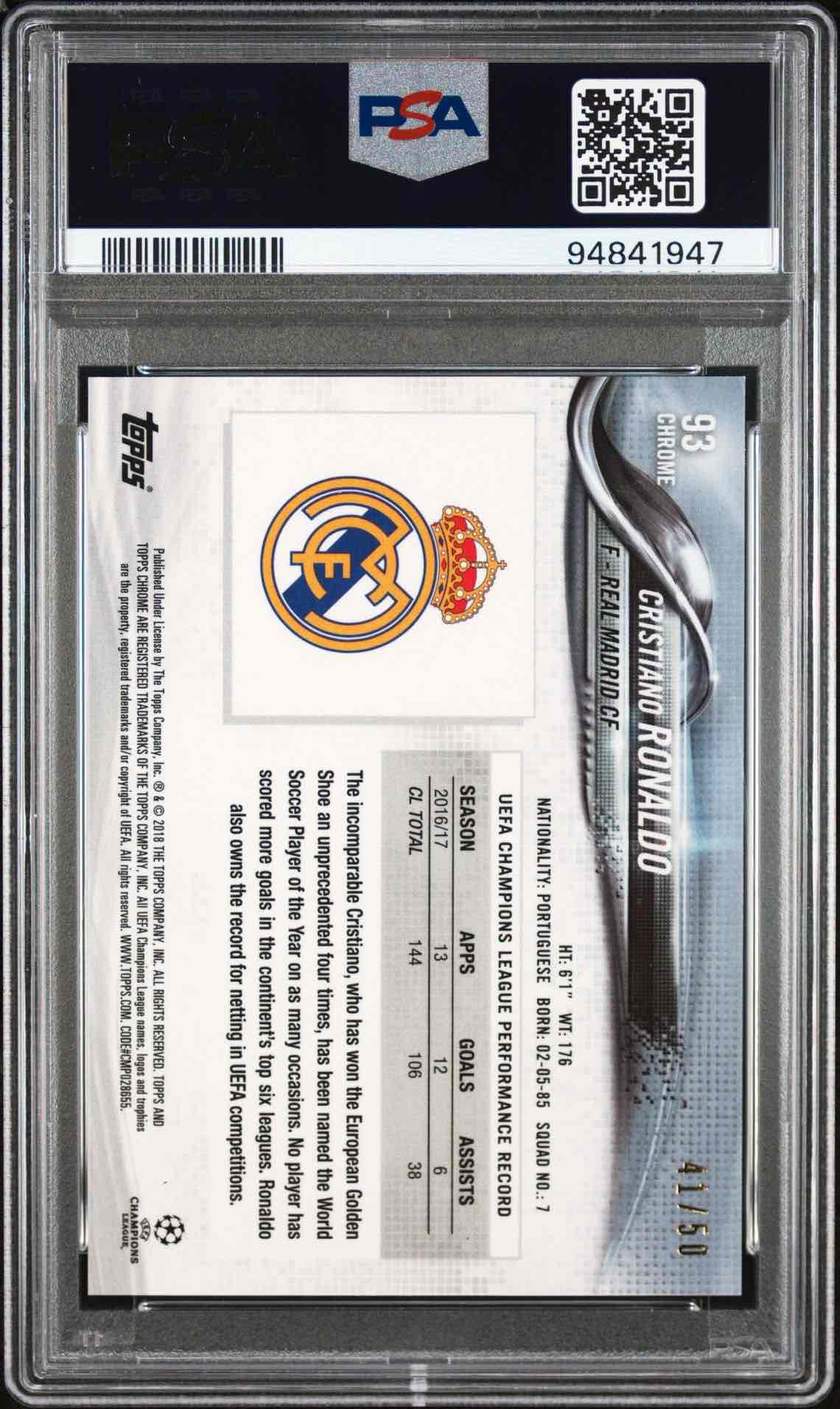 2017 TOPPS CHROME UEFA CHAMPIONS LEAGUE | WITH BALL-GOLD REFRACTOR CRISTIANO RONALDO 93 back