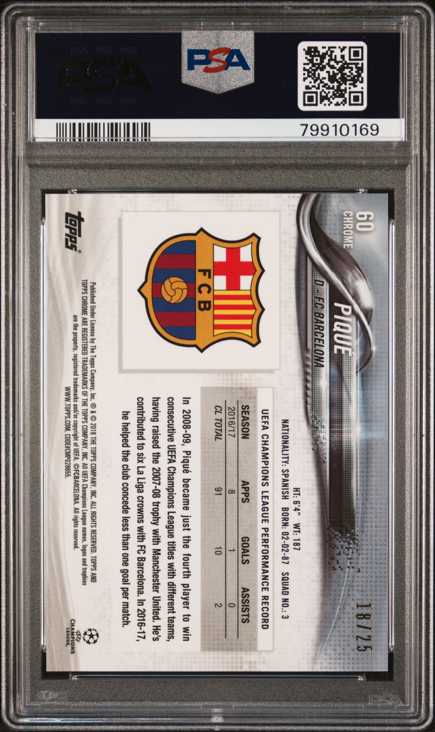 2017 TOPPS CHROME UEFA CHAMPIONS LEAGUE | ORANGE REFRACTOR [#18/25] PIQUE 60 back