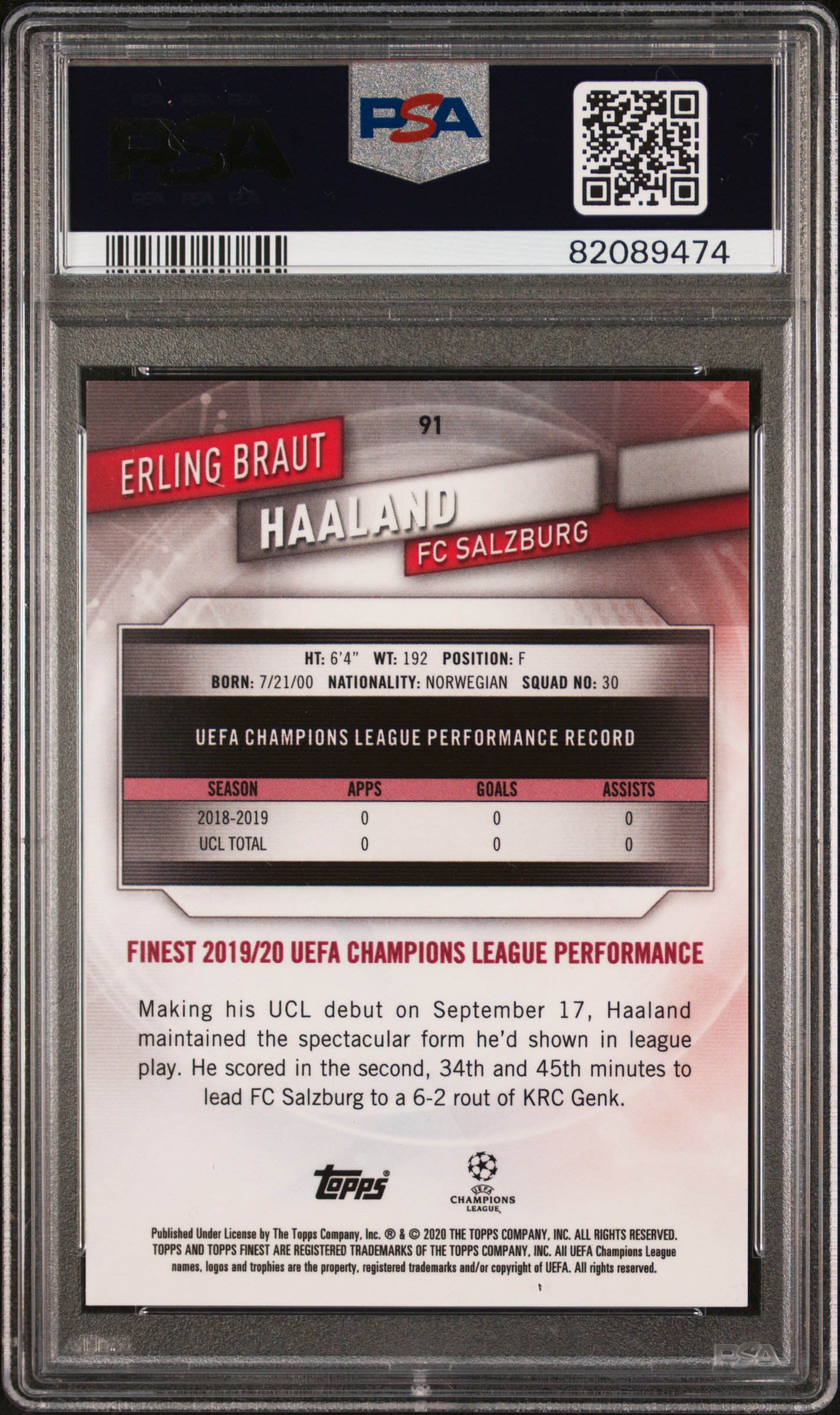 2019 FINEST UEFA CHAMPIONS LEAGUE | GREEN REFRACTOR ROOKIE CARD [#48/99] ERLING BRAUT HAALAND 91 back