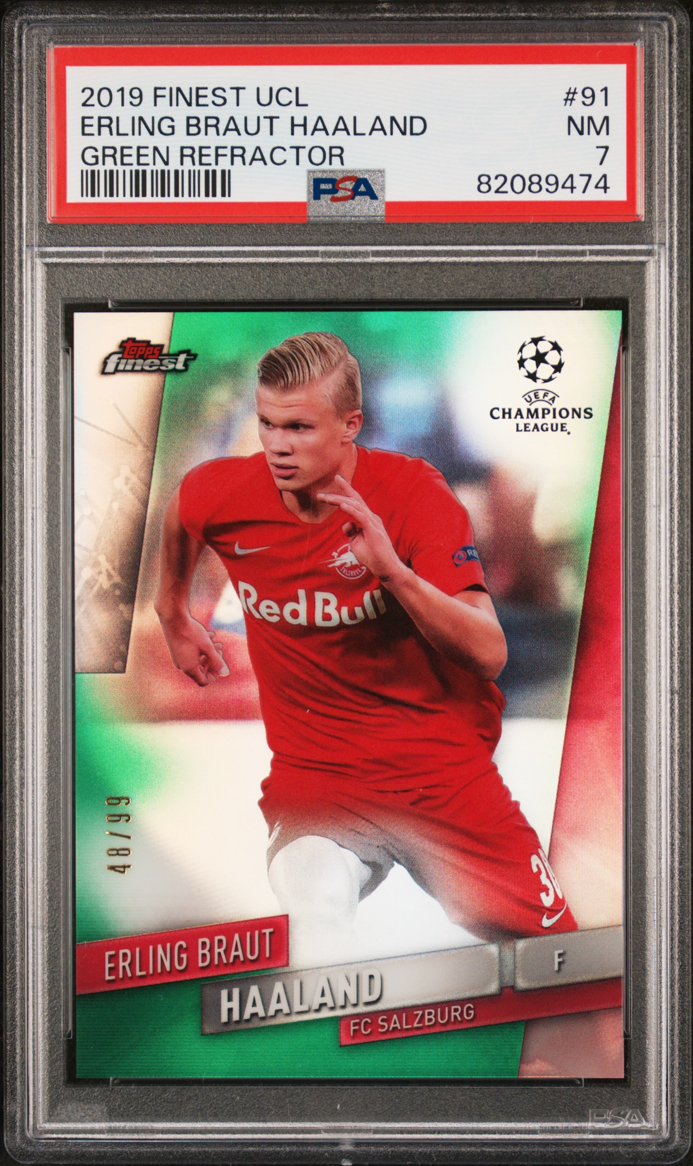 2019 FINEST UEFA CHAMPIONS LEAGUE | GREEN REFRACTOR ROOKIE CARD [#48/99] ERLING BRAUT HAALAND 91