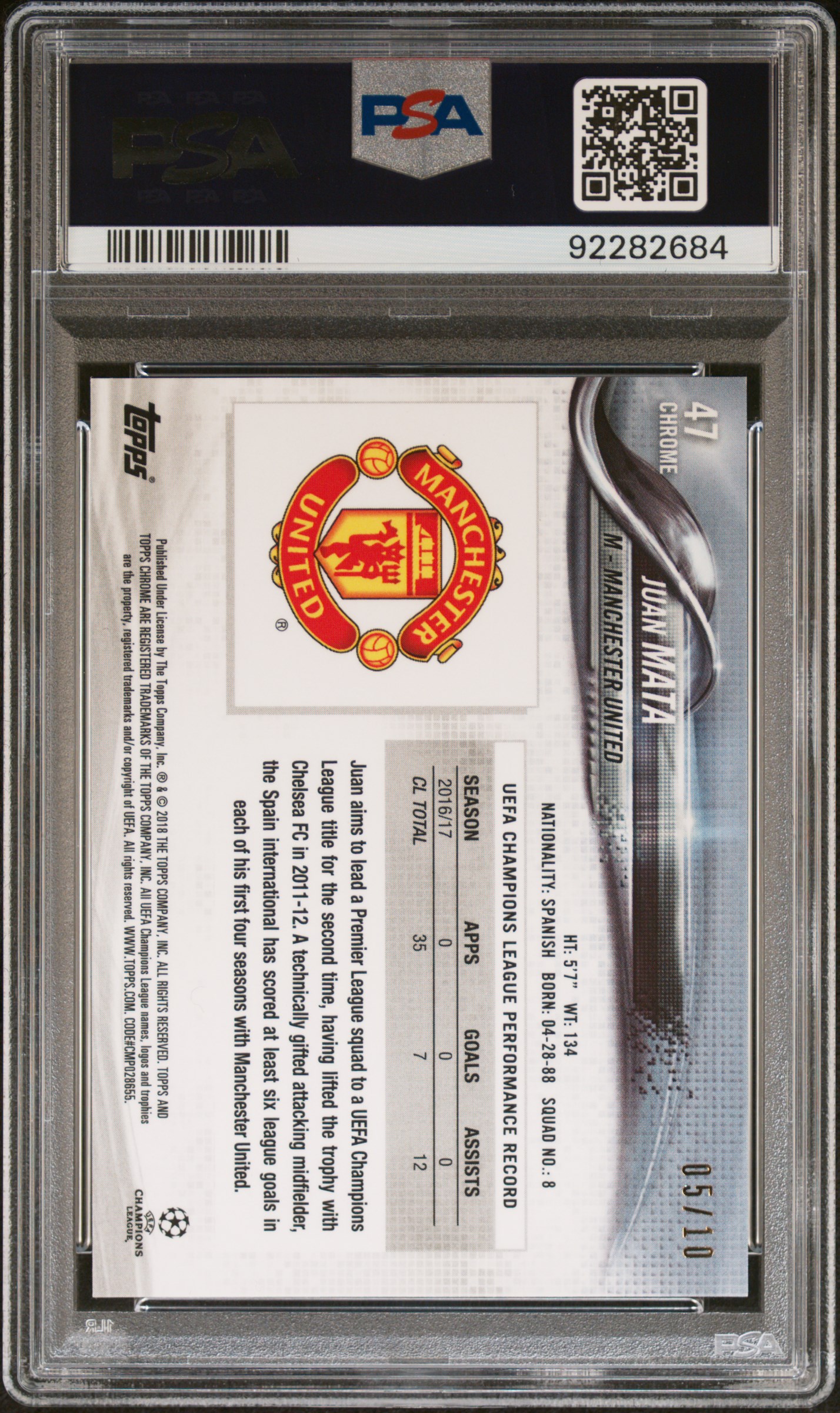 2017 TOPPS CHROME UEFA CHAMPIONS LEAGUE | RED REFRACTOR [#5/10] JUAN MATA 47 back