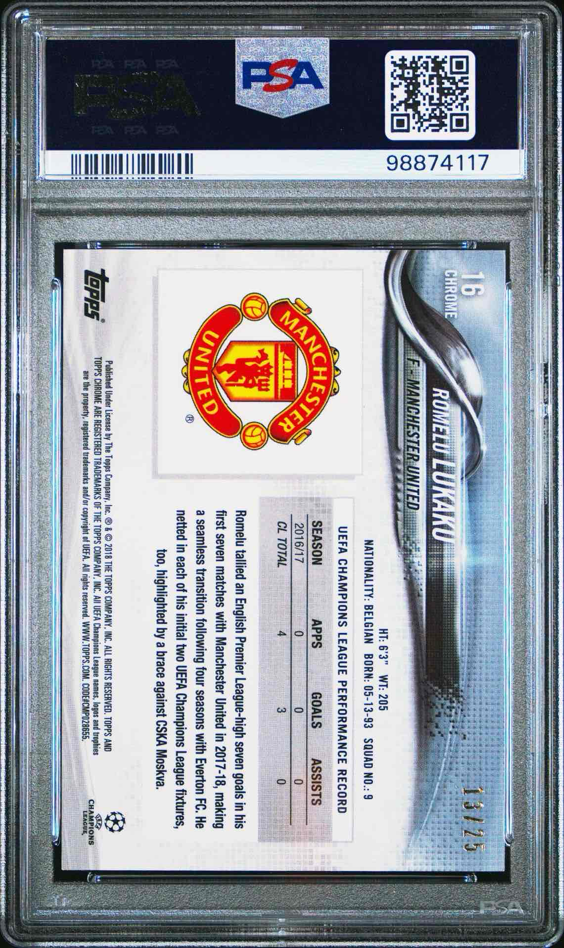 2017 TOPPS CHROME UEFA CHAMPIONS LEAGUE | ORANGE REFRACTOR [#13/25]ROMELU LUKAKU 16 back