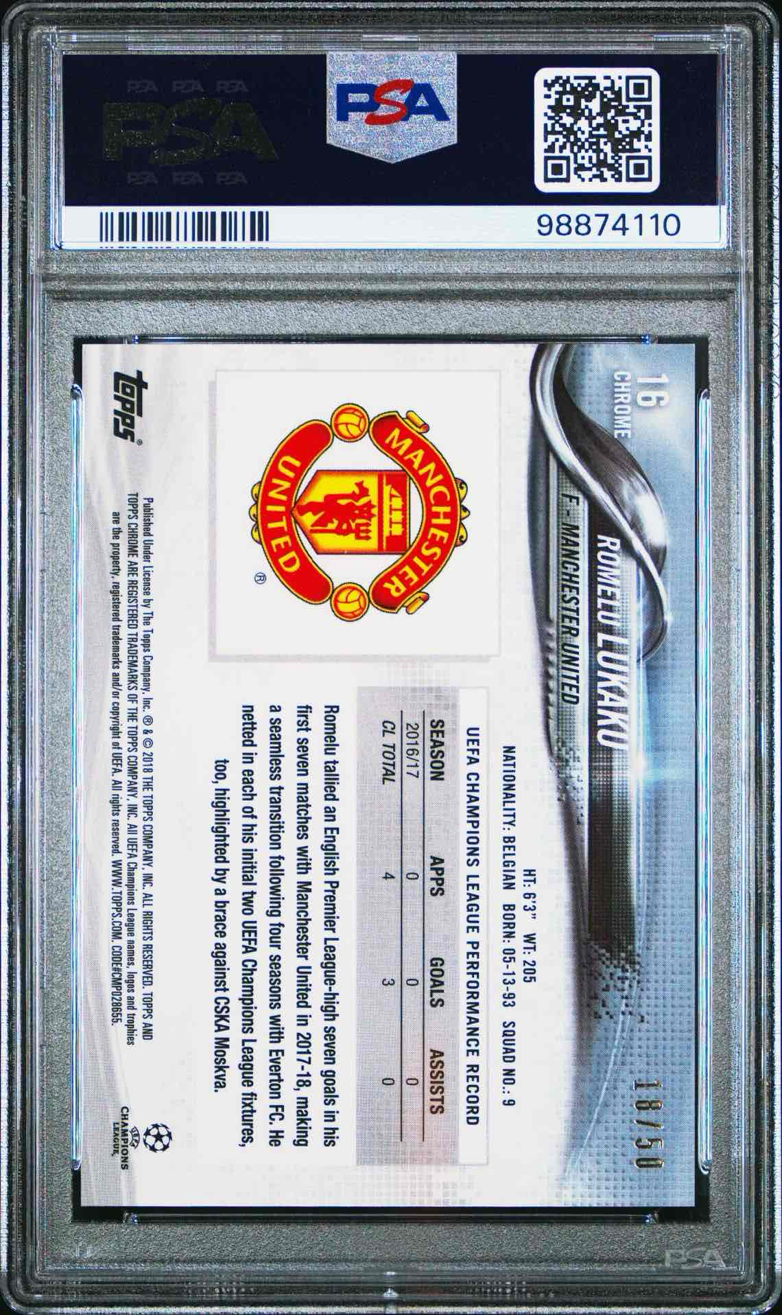 2017 TOPPS CHROME UEFA CHAMPIONS LEAGUE | GOLD REFRACTOR [#18/50]ROMELU LUKAKU 16 back