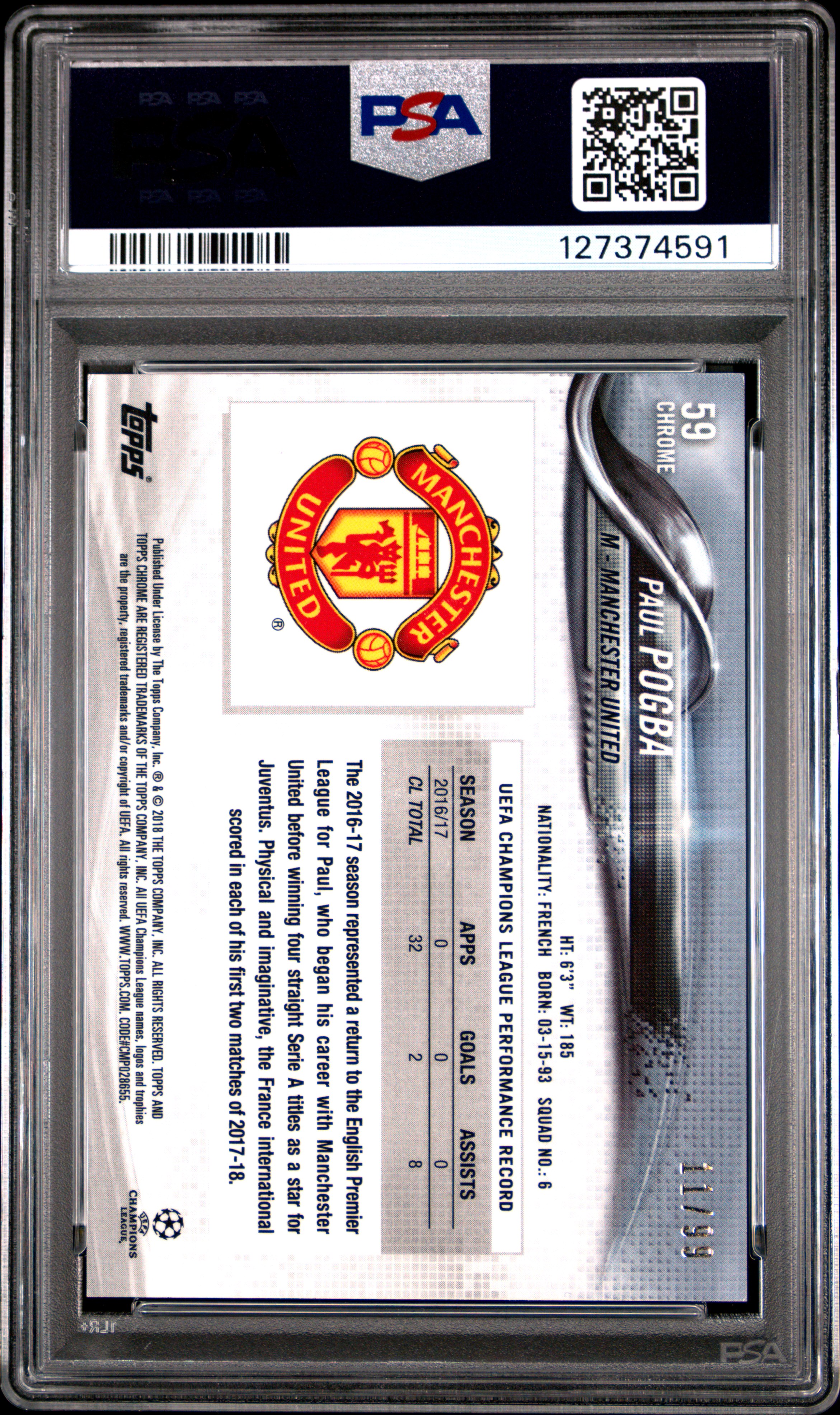 2017 TOPPS CHROME UEFA CHAMPIONS LEAGUE | GREEN REFRACTOR [#11/99] PAUL POGBA 59 back