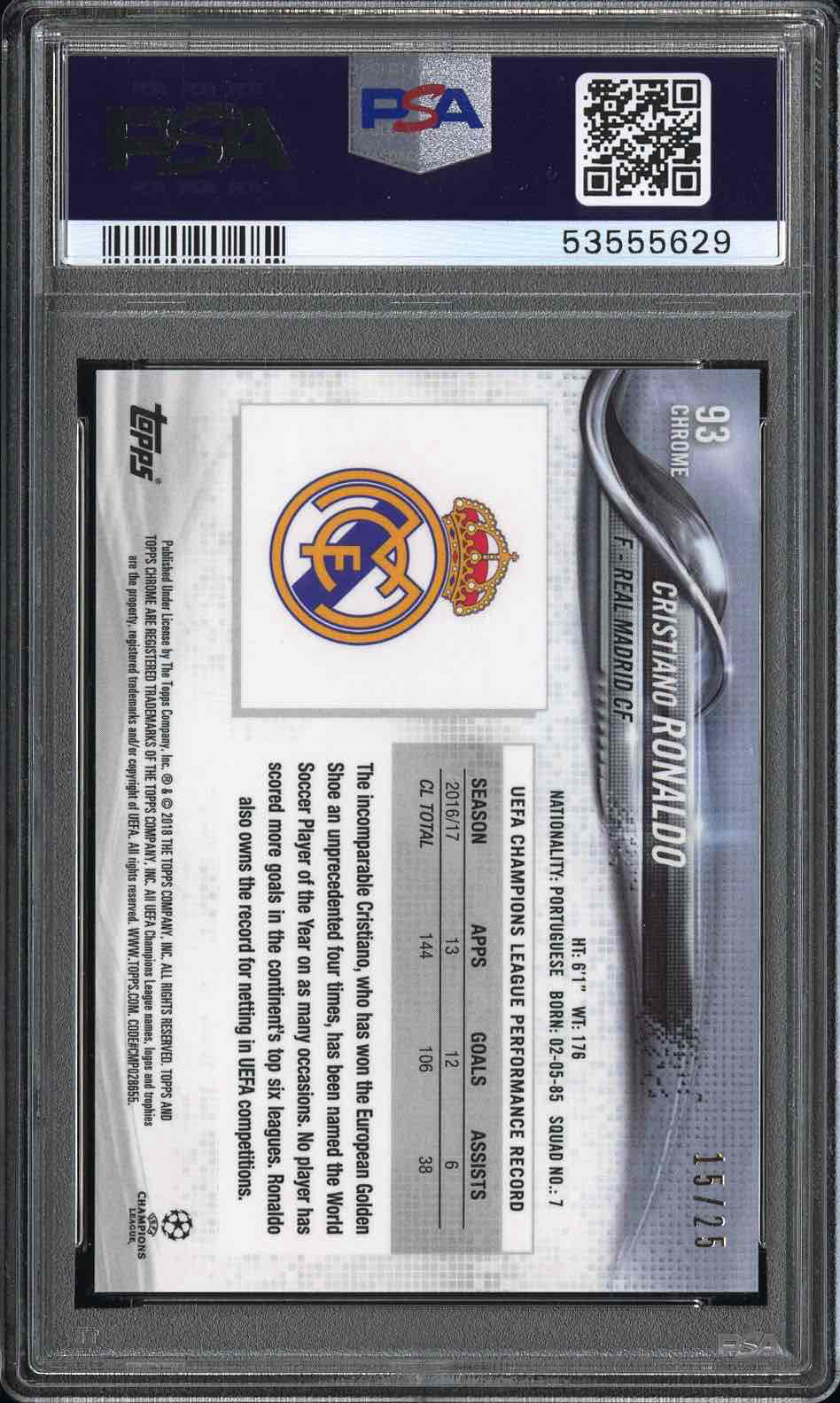 2017 TOPPS CHROME UEFA CHAMPIONS LEAGUE | WITH BALL-ORANGE REFRACTOR CRISTIANO RONALDO 93 back