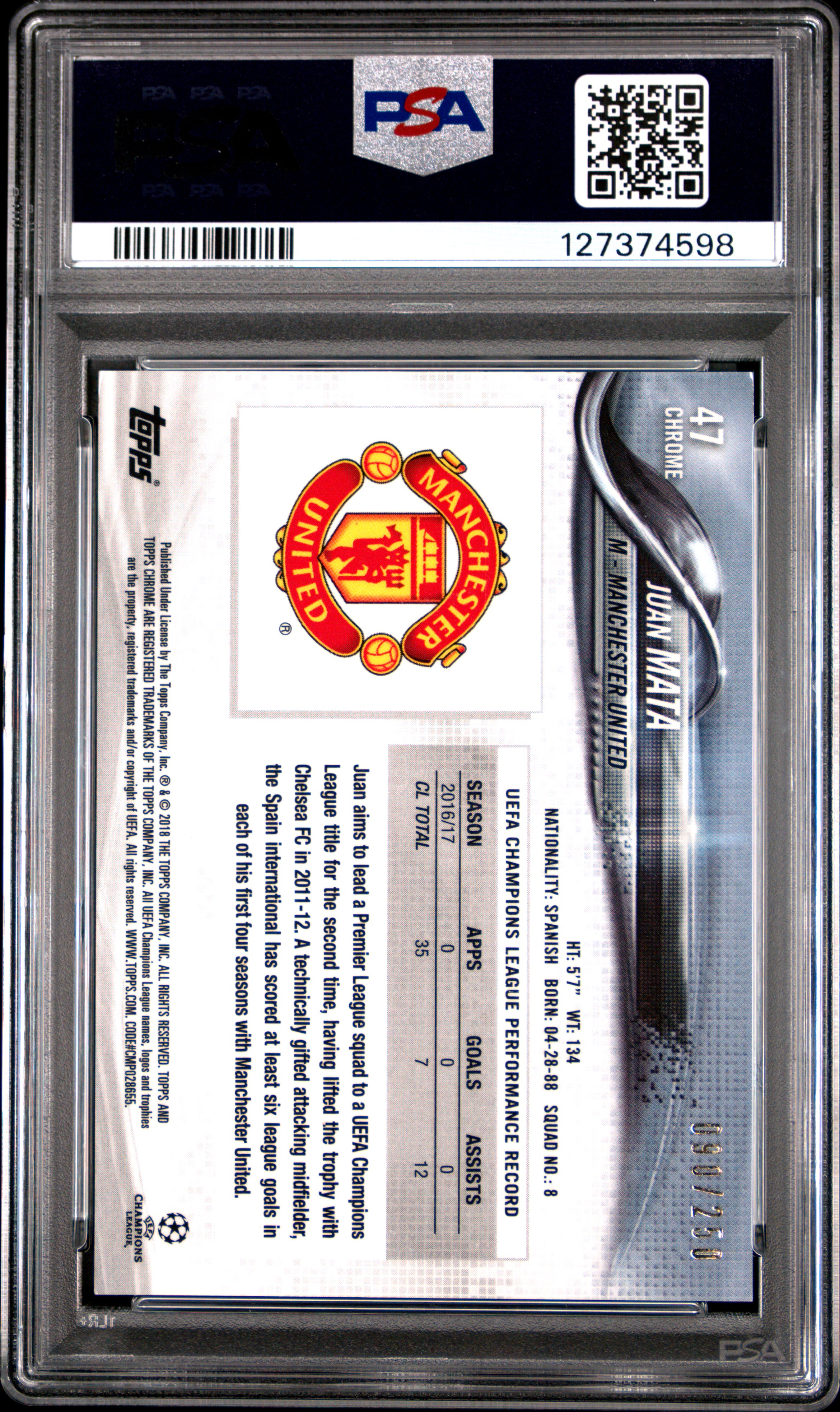 2017 TOPPS CHROME UEFA CHAMPIONS LEAGUE | PURPLE REFRACTOR [#90/250] JUAN MATA 47 back
