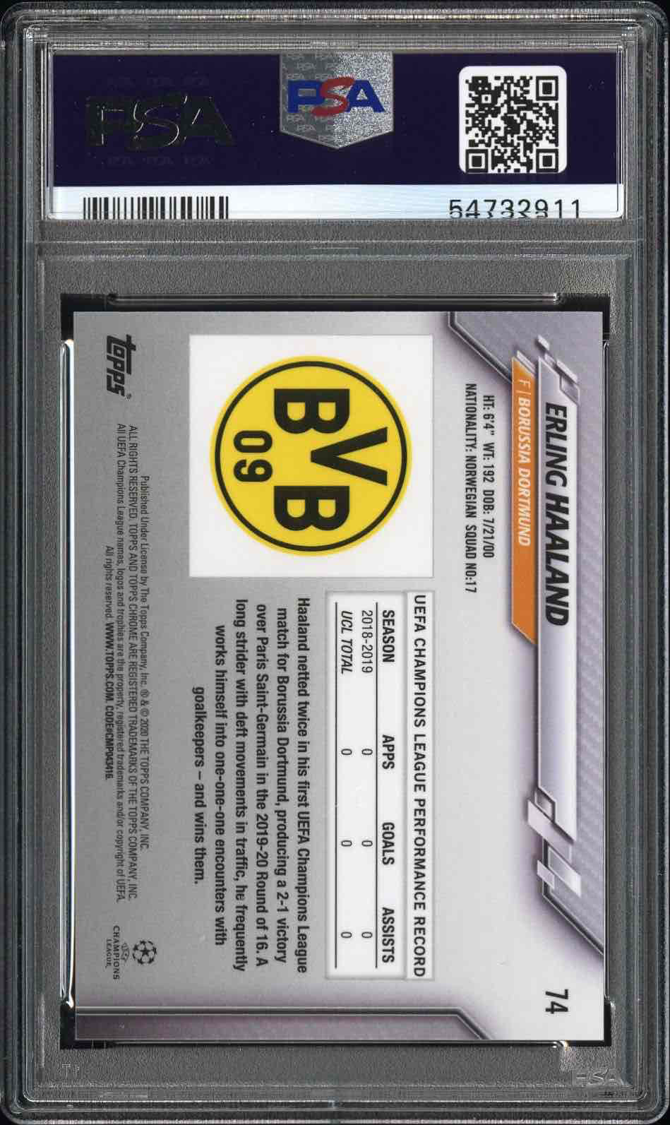 2019 TOPPS CHROME UEFA CHAMPIONS LEAGUE SAPPHIRE EDITIONERLING HAALAND 74 back