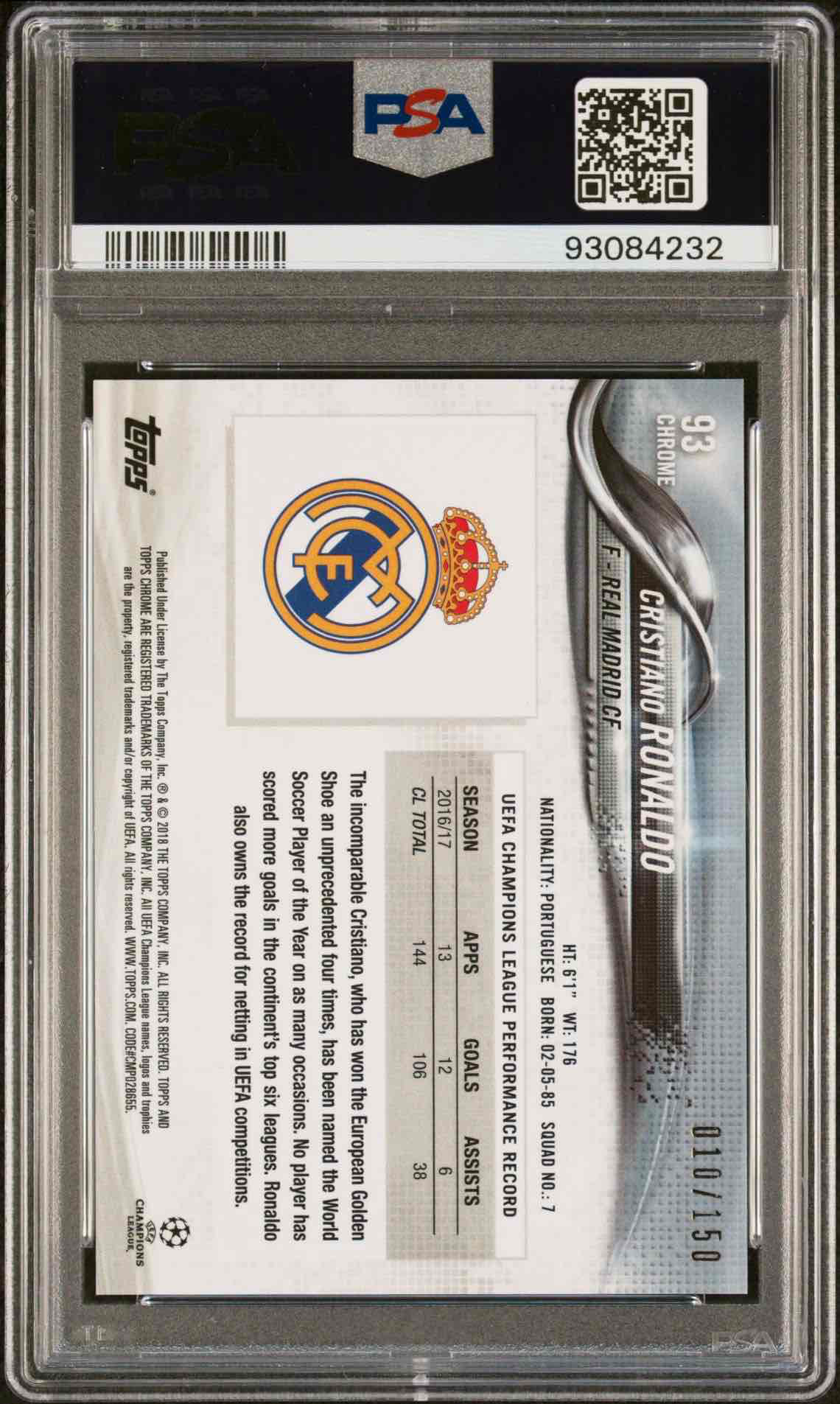 2017 TOPPS CHROME UEFA CHAMPIONS LEAGUE | WITH BALL-BLUE REFRACTOR CRISTIANO RONALDO 93 back