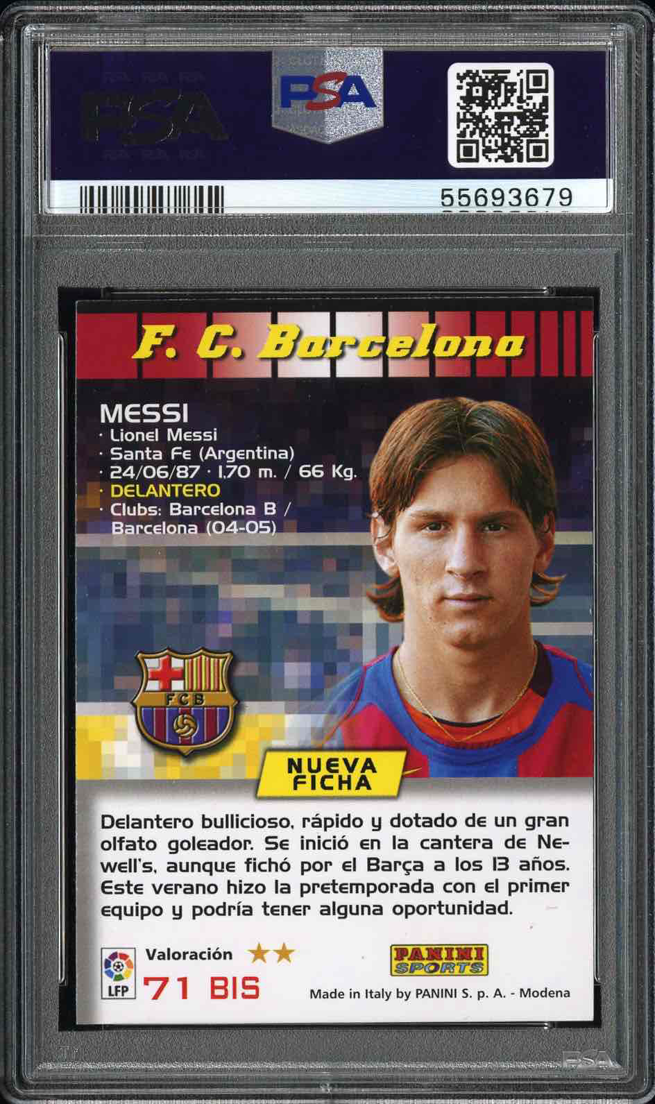 2004 PANINI SPORTS MEGA CRACKS ROOKIE CARDLIONEL MESSI 71 back
