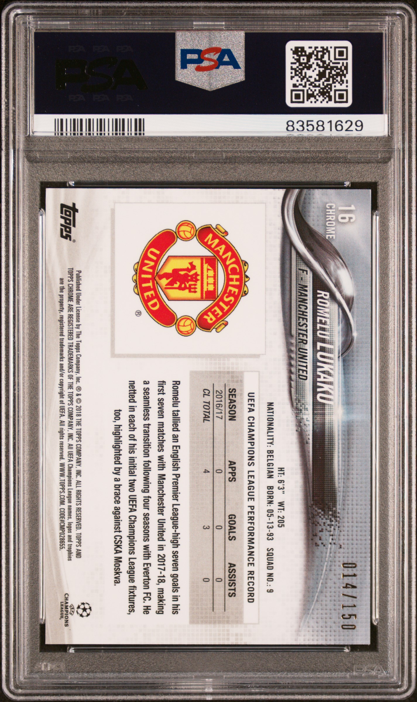 2017 TOPPS CHROME UEFA CHAMPIONS LEAGUE | BLUE REFRACTOR [#14/150] ROMELU LUKAKU 16 back