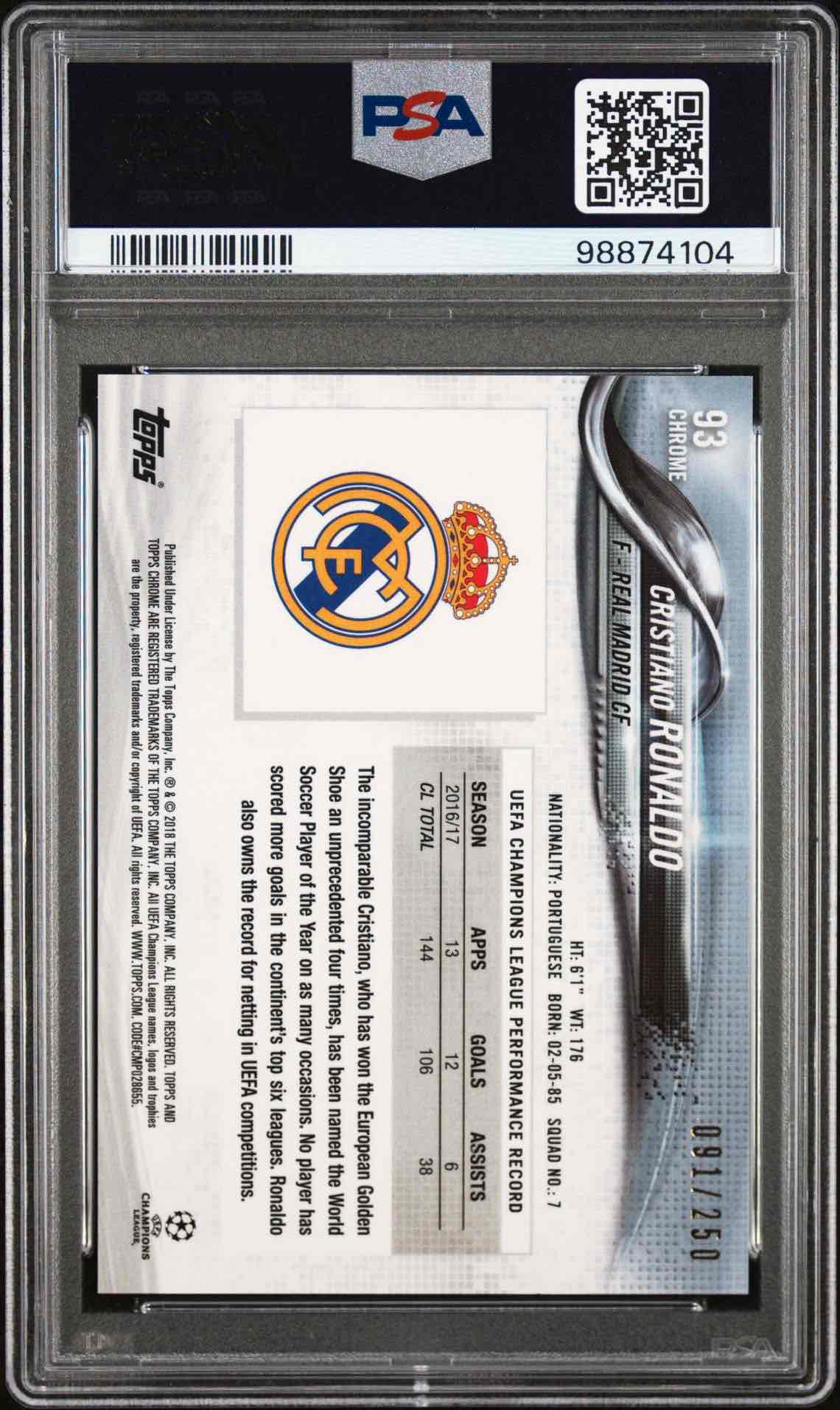 2017 TOPPS CHROME UEFA CHAMPIONS LEAGUE | WITH BALL-PURPLE REFRACTOR CRISTIANO RONALDO 93 back