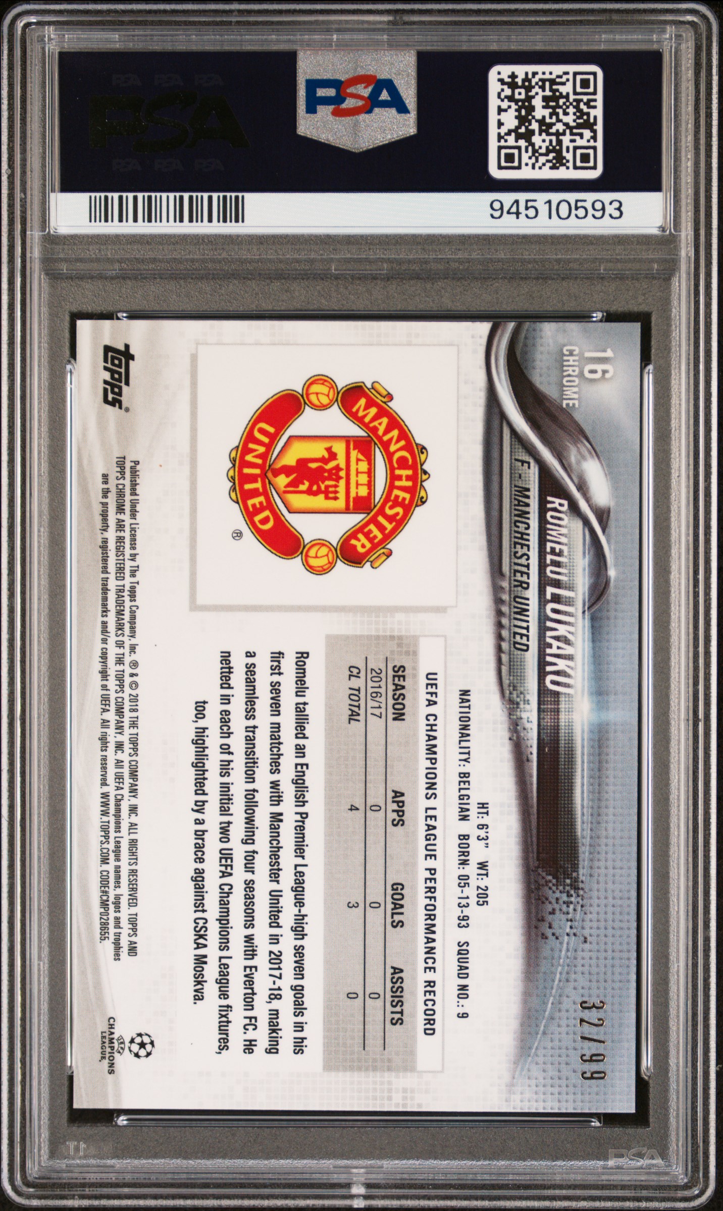 2017 TOPPS CHROME UEFA CHAMPIONS LEAGUE | GREEN REFRACTOR [#32/99] ROMELU LUKAKU 16 back